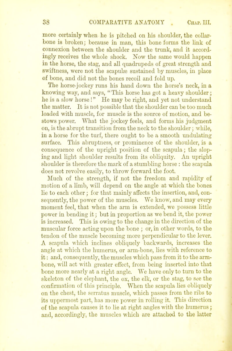 more certainly when lie is pitclied on his shoulder, the collar- bone is broken; because in man, this bone forms the link of connexion between the shoulder and the trunk, and it accord- ingly receives the whole shock. Now the same would happen in the horse, the stag, and all quadrupeds of great strength and swiftness, were not the scapulas sustained by muscles, in place of bone, and did not the bones recoil and fold up. The horse-jockey runs his hand down the horse's neck, in a knowing way, and says,  This horse has got a heavy shoulder; he is a slow horse ! He may be right, and yet not understand the matter. It is not possible that the shoulder can be too much loaded with muscle, for muscle is the source of motion, and be- stows power. What the jockey feels, and forms his judgment on, is the abrupt transition from the neck to the shoulder; while, in a horse for the turf, there ought to be a smooth undulating surface. This abruptness, or prominence of the shoulder, is a consequence of the upright position of the scapula; the slop- ing and light shoulder results from its obliquity. An upright shoulder is therefore the mark of a stumbling horse : the scapula does not revolve easily, to throw forward the foot. Much of the strength, if not the freedom and rapidity of motion of a limb, will depend on the angle at which the bones lie to each other; for that mainly affects the insertion, and, con- sequently, the power of the muscles. AYe know, and may every moment feel, that when the arm is extended, we possess little power in bending it; but in proportion as we bend it, the power is increased. This is owing to the change in the direction of the muscular force acting upon the bone ; or, in other Avords, to the tendon of the muscle becoming more perpendicular to the lever. A scapula which inclines obliquely backwards, increases the angle at which the hmnerus, or arm-bone, lies with reference to it: and, consequently, the muscles Avhich pass from it to the arm- bone, will act with greater effect, from being inserted into that bone more nearly at a right angle. We have only to turn to the skeleton of the elephant, the ox, the elk, or the stag, to see the confirmation of this principle. AVhen the scapula lies obliquely on the chest, the serratus muscle, which passes from the ribs to its uppermost part, has more power in rolling it. This direction of the scapula causes it to lie at right angles with the humerus; and, accordingly, the muscles which are attached to the latter