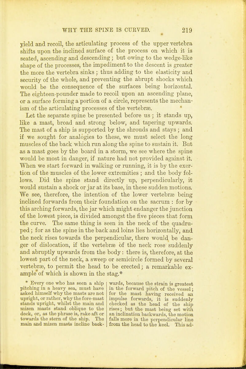 yield and recoil, the articulating process of the upper vertebra shifts upon the inclined surface of the process on which it is seated, ascending and descending; but owing to the wedge-like shape of the processes, the impediment to the descent is greater the more the vertebra sinks ; thus adding to the elasticity and security of the whole, and preventing the abrupt shocks which would be the consequence of the surfaces being horizontal. The eighteen-pounder made to recoil upon an ascending plane, or a surface forming a portion of a circle, represents the mechan- ism of the articulating processes of the vertebrae. * Let the separate spine be presented before us ; it stands up, like a mast, broad and strong below, and tapering upwards. The mast of a ship is supported by the shrouds and stays; and if we sought for analogies to these, we must select the long muscles of the back which run along the spine to sustain it. But as a mast goes by the board in a storm, we see where the spine would be most in danger, if nature had not provided against it. When we start forward in walking or running, it is by the exer- tion of the muscles of the lower extremities ; and the body fol- lows. Did the spine stand directly up, perpendicularly, it would sustain a shock or jar at its base, in these sudden motions. We see, therefore, the intention of the lower vertebrae being inclined forwards from their foundation on the sacrum : for by this arching forwards, the jar which might endanger the junction of the lowest piece, is divided amongst the five pieces that form the curve. The same thing is seen in the neck of the quadru- ped ; for as the spine in the back and loins lies horizontally, and the neck rises towards the perpendicular, there would be dan- ger of dislocation, if the vertebrae of the neck rose suddenly and abruptly upwards from the body: there is, therefore, at the lowest part of the neck, a sweep or semicircle formed by several vertebras, to permit the head to be erected; a remarkable ex- ample of which is shown in the stag.* * Every one who has seen a ship pitching in a heavy sea, must have asked himself why the masts are not upright, or rather, why the fore-mast stands upright, whilst the main and mizen masts stand oblique to the deck, or, as the phrase is, rake aft or towards the stern of the ship. The main and mizen masts incline back- wards, because the strain is greatest in the forward pitch of the vessel; for the mast having received an impulse forwards, it is suddenly checked as the head of the ship rises; but the mast being set with an inclination backwards, the motion falls more in the perpendicular line from the head to the keel. This ad-