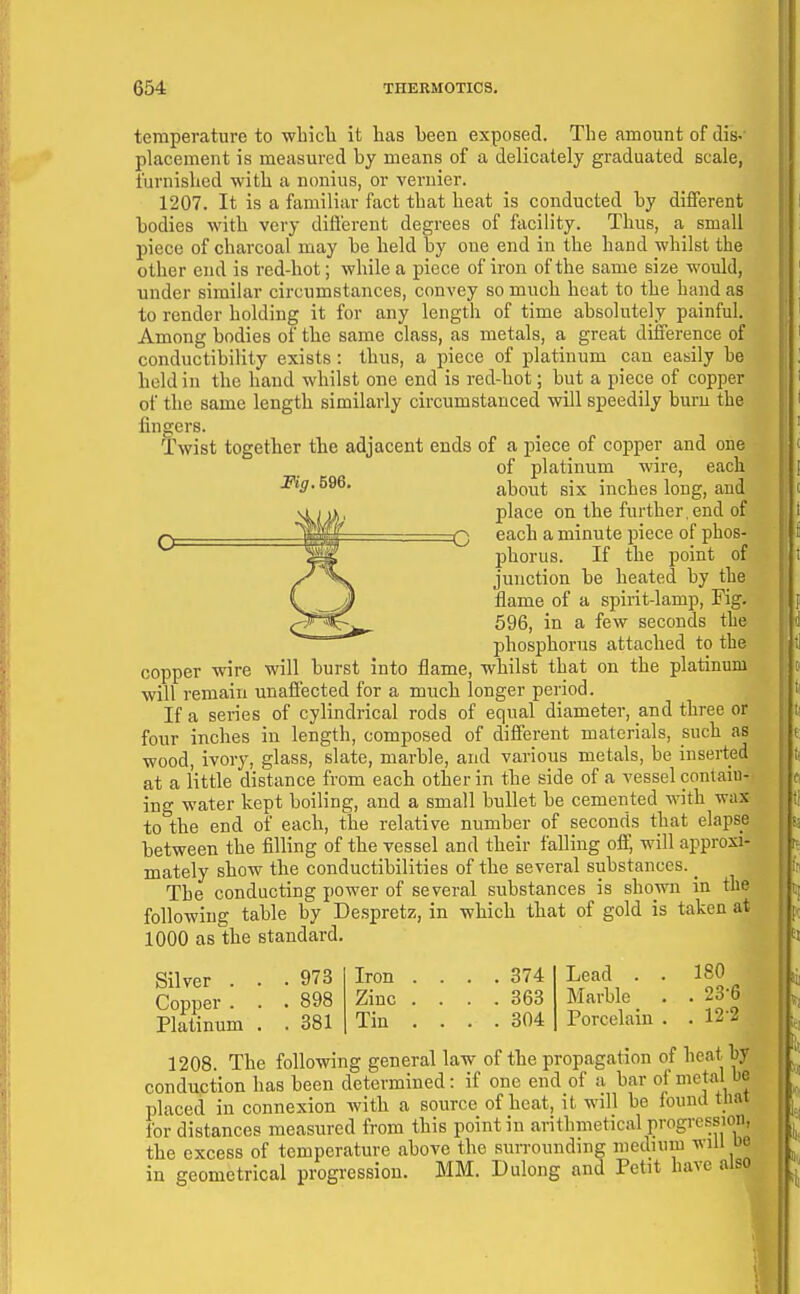 temperature to •which it has been exposed. The amount of dis-' placement is measured by means of a delicately graduated scale, furnished with a nonius, or vernier. 1207. It is a familiar fact that heat is conducted by different bodies with very difl'erent degrees of facility. Thus, a small piece of charcoal may be held by one end in the hand whilst the other end is red-hot; while a piece of iron of the same size would, under similar circumstances, convey so much heat to the hand as to render holding it for any length of time absolutely painful. Among bodies of the same class, as metals, a great difference of conductibility exists : thus, a piece of platinum can easily be held in the hand whilst one end is red-hot; but a piece of copper of the same length similarly circumstanced will speedily burn the fingers. Twist together the adjacent ends of a piece of copper and one of platinum wire, each • about six inches long, and place on the further, end of each a minute piece of phos- phorus. If the point of junction be heated by the flame of a spirit-lamp. Fig. 596, in a few seconds the phosphorus attached to the copper wire will burst into flame, whilst that on the platinum will remain unafliected for a much longer period. If a series of cylindrical rods of equal diameter, and three or four inches in length, composed of different materials, such as wood, ivory, glass, slate, marble, and various metals, be inserted at a little distance from each other in the side of a vessel contain- ing water kept boiling, and a small bullet be cemented with wax to the end of each, the relative number of seconds that elapse between the filling of the vessel and their falling olf, will approxi- mately show the conductibilities of the several substances. _ The conducting power of several substances is shown in the following table by Despretz, in which that of gold is taken at 1000 as the standard. Silver . . .973 Copper . . . 898 Platinum . .381 Iron .... 374 Zinc .... 363 Tin ... . 304 Lead . . ISO Marble _ . . 23-6 Porcelain . . 12 2 1208. The following general law of the propagation of heathy conduction has been determined: if one end of a bar oj iiietal be placed in connexion with a source of heat, it will bo found that for distances measured from this point in arithmetical progression, the excess of temperature above the surrounding medium will ue in geometrical progression. MM. Dulong and Petit have also