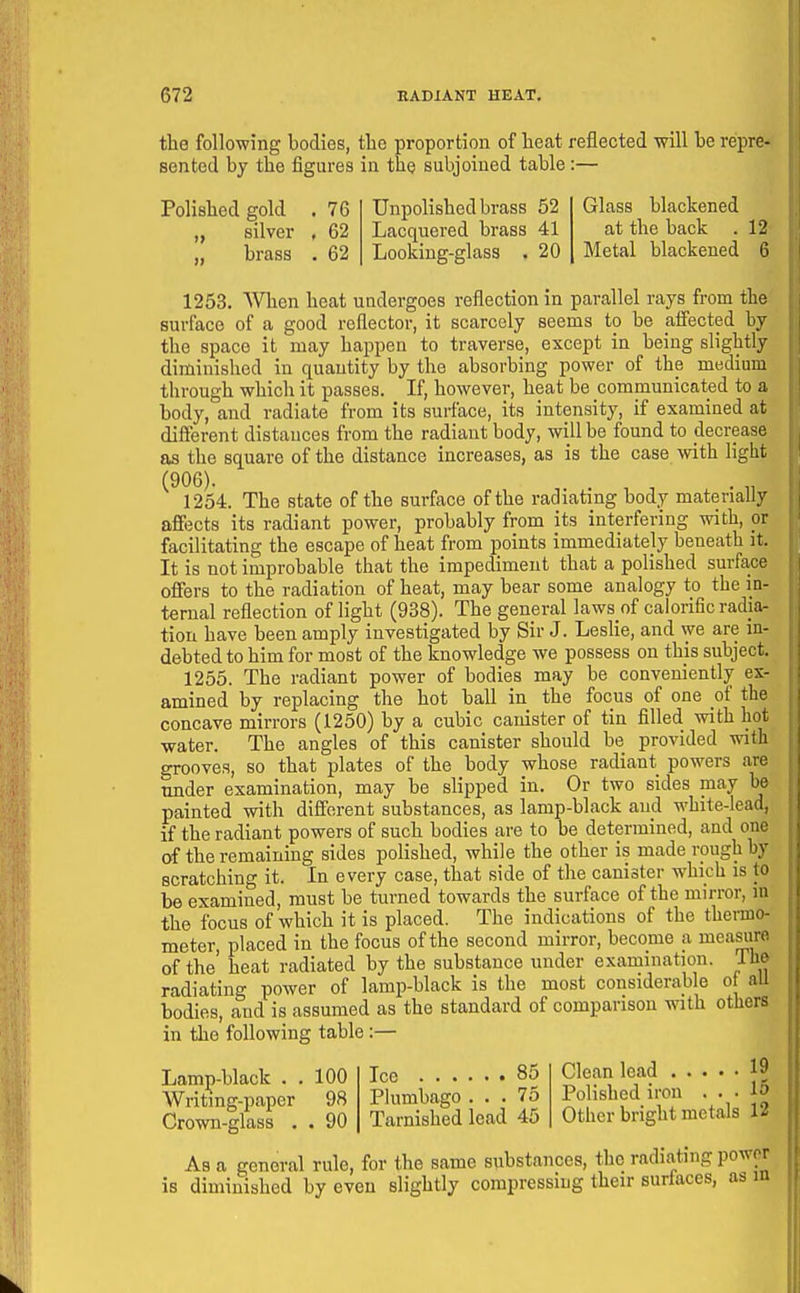 the following bodies, the proportion of heat reflected will be repre- sented by the figures in the subjoined table :— Polished gold . 76 „ silver , 62 ,, brass . 62 Unpolished brass 52 Lacqiiered brass 41 Looking-glass . 20 Glass blackened at the back . 12 Metal blackened 6 1253. When heat undergoes reflection in parallel rays from the surface of a good reflector, it scarcely seems to be affected by the space it may happen to traverse, except in being slightly diminished in quantity by the absorbing power of the medium through which it passes. If, however, heat be communicated to a body, and radiate from its surface, its intensity, if examined at different distances from the radiant body, will be found to decrease as the square of the distance increases, as is the case with light ^^1254. The state of the surface of the radiating body materially affects its radiant power, probably from its interfering with, or facilitating the escape of heat from points immediately beneath it. It is not improbable that the impediment that a polished surface offers to the radiation of heat, may bear some analogy to the in- ternal reflection of light (938). The general laws of calorific radia- tion have been amply investigated by Sir J. Leslie, and we are in- debted to him for most of the knowledge we possess on this subject. 1255. The radiant power of bodies may be conveniently ex- amined by replacing the hot ball in the focus of one of the concave mirrors (1250) by a cubic canister of tin filled vnth hot water. The angles of this canister should be provided with grooves, so that plates of the body whose radiant powers are nnder examination, may be slipped in. Or two sides may be painted with different substances, as lamp-black and white-lead, if the radiant powers of such bodies are to be determined, and one of the remaining sides polished, while the other is made rough by scratching it. In every case, that side of the canister which is to be examined, must be turned towards the surface of the mirror, in the focus of which it is placed. The indications of the thermo- meter, placed in the focus of the second mirror, become a measiira of the' heat radiated by the substance under examination. Th» radiating power of lamp-black is the most considerable o aU bodies, and is assumed as the standard of comparison with others in tiie following table :— Lamjp-black . , 100 Writmg-paper 98 Crown-glass . . 90 Ice 85 Plumbago ... 75 Tarnished lead 45 Clean lead 19 Polished iron ... 15 Other bright metals 1 As a general rule, for the same substances, the radiating power is diminished by even slightly compressing their surfaces, as in