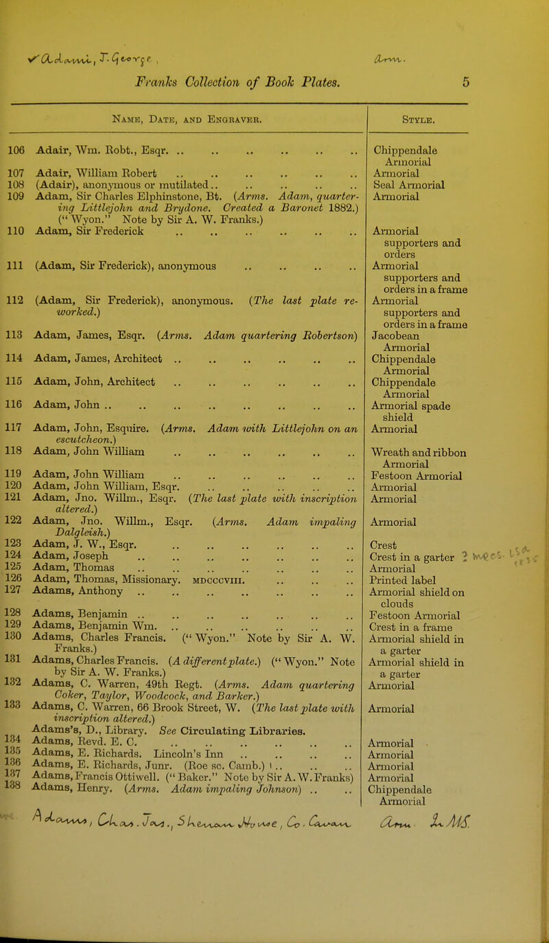 Name, Date, and Engraver. 106 Adair, Wm. Robt., Esqr 107 Adair, William Robert 108 (Adair), anonjauous or mutilated.. 109 Adam, Sir Charles Elphinstone, Bt. (Arms. Adam, qucvrter- ing Littlejohn and Brydone, Created a Baronet 1882.) ( Wyon. Note by Sii- A. W. Franks.) 110 Adam, Sir Frederick 111 (Adam, Sir Frederick), anonymous 112 (Adam, Sir Frederick), anonymous. (The last plate re- worJced.) 113 Adam, James, Esqr. (Arms. Adam quartering Bobertson) 114 Adam, James, Architect .. 115 Adam, John, Architect 116 Adam, John ., 117 Adam, John, Esquire. (Arms. Adam with Littlejohn on an escutcheon.) 118 Adam, John William 119 Adam, John WUliam 120 Adam, John William, Esqr. 121 Adam, Jno. WUlm., Esqr. {The last plate with inscription altered.) 122 Adam, Jno. Willm., Esqr. {Arms. Adam impaling Dalgleish.) 123 Adam, J. W., Esqr 124 Adam, Joseph 125 Adam, Thomas 126 Adam, Thomas, Missionary, mdcccviii. 127 Adams, Anthony 128 Adams, Benjamin .. 129 Adams, Benjamin Wm. 130 Adams, Charles Francis. ( Wyon. Note by Sir A. W. Franks.) 131 Adams, Charles Francis. {A different plate.) (Wyon. Note by Sir A. W. Franks.) 132 Adams, C. Warren, 49th Regt. (Arms. Adam quartering Coker, Taylor, Woodcock, and Ba/rker.) 133 Adams, C. Warren, 66 Brook Street, W. {The last plate with inscription altered.) Adams's, D., Library, See Circulating Libraries. 134 Adams, Revd. E. C 135 Adams, E. Richards. Lincoln's Inn 136 Adams, E. Richards, Junr. (Roe sc. Camb.) i 137 Adams, Francis Ottiwell. (Baker. Note by Sir A. W.Franks) 138 Adams, Henry. {Arms. Adavi impaling Johnson) .. Style. Chippendale Armorial Armorial Seal Armorial Armorial Armorial supporters and orders Armorial supporters and orders in a frame Armorial supporters and orders in a frame Jacobean Armorial Chippendale Aimorial Chippendale Ai-morial Armorial spade shield Armorial Wreath and ribbon Armorial Festoon Armorial Armorial Armorial Armorial Crest Crest in a garter 3 « Armorial Printed label Armorial shield on clouds Festoon Armorial Crest in a frame Armorial shield in a garter Armorial shield in a garter Armorial Armorial Armorial Armorial Armorial Armoi-ial Chippendale