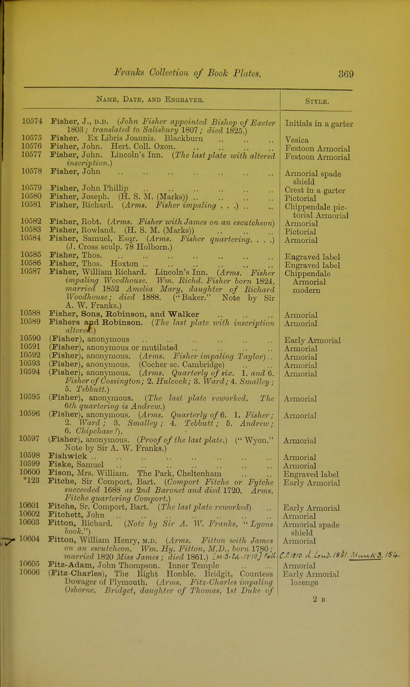 Name, Date, and Engraver. 10574 Pisher, J., d.d. {John Fisher a])pointcd Bishop of Exeter 1803; translated to Salishury 1807; died 1825.) 10575 Fisher. Ex Libris Joannis. Blackburn 10576 Fisher, John. Hei-t. Coll. Oxon \\ 10577 Fisher, John. Lmcoln's Inn. {The last plate ivitli altered inscription.) Fisher, John 10578 10579 10580 10581 10582 10583 10584 10585 10586 10587 Fisher, John Phillip Fisher, Joseph. (H. S. M. (Marks)) .. Fisher, Eichard. {Arms. Fisher imjyaling ■) Fisher, Robt. {Ar7ns. Fisher with James on an escutcheon) Fisher, Eowlancl. (H. S. M. (Marks)) Fisher, Samuel, Esqr. {Arms. Fisher qua/rtering. . . .) (J. Cross sculp. 78 Holborn.) Fisher, Thos. Fisher, Thos. Hoxton .. Fisher, William Eichard. Lincoln's Inn. {Arms. Fisher impaling Woodhouse. Wm. Bichd. Fisher horn 1824, 77iarried 1852 Amelia Mary, daughter of Bichm-d Woodhouse; died 1888. (-'Baker. Note bv Sir A. W. Franks.) 10588 Fisher, Sons, Robinson, and Walker 10589 Fishers aiid Robinson. {The last plate with inscription alfcrem.) 10590 (Fisher), anonymous 10591 (Fisher), anonymous or mutilated 10592 (Fisher), anonymous, {Arms. Fisher impaling Taylor).. 10593 (Fisher), anonymous. (Cocher sc. Cambridge) 10594 (Fisher), anonjTnous. {Arins. Quarterly of six. l.andQ. Fisher of Cossington; 2. Htolcoch; 3. Ward; 4. Smalley; 5. Tebhutt.) 10595 (Fisher), anonymous. {The last plate reiuorhed. The 6th quartering is Andreio.) 10596 (Fisher), anonymous. {Arms. 2. Ward; 3. Smalley; 6. Chipchasef). 10597 (Fisher), anonymous. {Proof of the last plate.) ( Wyon. Note by Sir A. W. Franks.) 10598 Fishwiek .. 10599 Fiske, Samuel  10600 Fison, Mrs. William. The Park, Cheltenham *123 Fitehe, Sir Compoi-t, Bart. {Comport Fitche oi succeeded 1688 as 2nd Baronet and died 1720, Fitche quartering Comport.) 10601 Fitehe, Sr. Compoi-t, Bai-t. {The last plate reworlced) 10602 Fitehett, John 10603 Fitton, Eichard. {Note hy Sir A. W. Franls, Lyons hook.) 10604 Fitton, William Hem-y, m.d. {Arms. Fitton with James on an escutcheon. Wm. Hy. Fitton, M.D., horn 1780; mairied 1820 Miss James; died 1861.) iM-D-U./rioJ fe-U 10605 Fitz-Adam, John Thompson. Iimer Temple 10606 (Fitz-Charles), The Eight Honble. Bridgit, Countess Dowager of Plymouth, {Arms. Fitz-Charlas impaling Osborne. Bridget, daughter of Thomas, 1st Duhe of Qtvarterly of 6. 1, Fisher; 4. Tehhutt; 5. Andrew; Fytche Arms. Style. Initials in a garter Vesica Festoon Armorial Festoon Armorial Armorial spade shield Crest in a garter Pictorial Chippendale pic- torial Armorial Armorial Pictorial Armorial Engraved label Engraved label Chippendale Armorial modem Armorial Armorial Early Armorial Armorial Armorial Armorial Armorial Armorial Armorial Armorial Armorial Armorial Engraved label Early Armorial Early Armorial Armorial Armorial spade shield Armorial Armorial Early Armorial lozenge 2 n