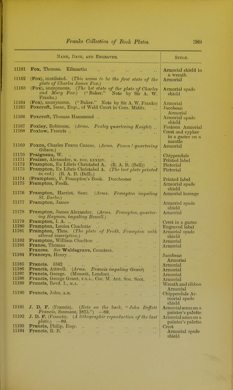 Name, Date, and Engbaveb. 11161 Fox, Thomas. Kilmartin 11162 (Fox), mutilated. {Tliis seems to be the first state of the plate of Charles James Fox.) 11163 (Fox), anonymous. (The 1st state of the jdate of Chmles and Manj Fox.) (Baker. Note by Sir A. W. Franks.) 11164 (Fox), anonymous. (Baker. Note by Sir A. W.Franks) 11165 Foxcroft, Isaac, Esqr., of Weld Com*t in Com. Middx. 11166 Foxcroft, Thomas Hammond .. 11167 11168 11169 11170 11171 11172 11173 11174 11175 11176 11177 11178 Foxley, Robinson. {Arms. Foxley quartering Knight) Foxlow, Francis .. Foxon, Charles Foxon Cozens. (Artns. Foxon ? quartenng Gibson.) Fraigneau, W. .. Fraizer, Alexander, m. dcc. lxxxiv. Frampton, Ex Libris Christabel A. (E. A. B. (Bell)) Frampton, Ex Libris Christabel A. {The last pla te printed in red.) (R. A. B. (Bell).) (Frampton), F. Frampton's Book. Dorchester Frampton, Fredk. Frampton, Harriot, Senr. St. Barbe.) Frampton, James {Arms. Frampton impaling Frampton, James Alexander. {Arms. Frampton, quarter- ing Haymon, impaling Bowell.) 11179 Frampton, I. A 11180 Frampton, Louisa Charlotte 11181 Frampton, Thos. {The plate of Fredl: Framjiton with altered inscri2:tion.) 11182 Frampton, William Charlton .. 11183 France, Thomas Frances. See Waldegrave, Countess. 11184 Franceys, Henry.. 11185 Francis. 1342 11186 Francis, Attwell. {Arms. Francis impaling Grant) 11187 Francis, George. (Mussett, London).. 11188 Francis, George Grant, f.s.a.. Cor. M. Ant. Soc. Scot. 11189 Francis, Revd. I., M.A. .. 11190 Francis, John, A.M. 11191 J. D. F. (Francis). {Note on the back, John Defett Francis, Swansea, 1875.) —89. 11192 J. D. F. (Francis). {A lilliograj)hic rcjyrodnrtion of the last plate.) —89. 11193 Francis, Thilip, Esqr 11194 Francis, R. B Style. Armorial shield in a wreath AiTOorial Ai-morial spade shield Armorial Jacobean Annorial Armorial spado shield Festoon Armorial Crest and cypher in a garter on a mantle Ai'morial Chippendale Printed label Pictorial Pictorial Printed label Armorial spade shield Armorial lozenge Armorial spade shield Armorial Crest in a garter Engraved label Armorial spade shield Armorial Ai-morial Jacobean Armorial Armorial Armorial Armorial Armorial Wreath and ribbon Amiorial Chippendale Ar- morial spade shield Armorial arms on a painter's palette Armoi'ialarnison a painter's palette Crest Armorial spade shield