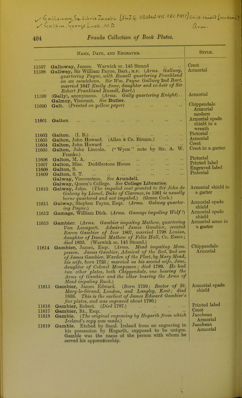 Name, Date, and Engbaveb. Galloway, James. Warwick sc. 145 Strand Gallwey, Sir William Pa.pe, Bart., m.p. {Arms. Gallwey, qnarteriug Payne, with Bussell qioa/rte^-ing Franhland on an escutcheon. Sir Wm. Payne Gallivey 2nd Bart, marned 1847 Emily Anne, daughter' amd co-hei/r of Sir Bohert Franhland Bussell, Bart.) (Gaily), anonymous. {Arms. Gaily qua/rtering Knight).. Galmoy, Viscount. See Butler. 11600 Gait. {Printed 071 yelloiu paper) 11597 11598 11599 Style. 11601 Galton 11602 11603 11604 11605 11606 11607 11608 11609 11610 11611 11612 11613 (Allen & Co. Birmm.)  (Wyon note by Sir. A. W. Duddlestone House Galton. (I. B.) .. Galton, John Howard. Galton, John Howard Galton, John Lincoln. Franks.) Galton, M. A. Galton, Miss. Galton, S. Galton, S. T Galway, Viscountess. See Arundell. Galway, Queen's College. See College Libraries. Galway, John. {The impaled coat granted to Sir John de Galway hy Lionel, Dioke of Clarence, in 1361 is usually borne quartered and not impaled.) (Green Cork.) Galway, Stephen Payne, Esqr. {Arms. GaUvay quarter- ing Payne.) Gamage, William Dick. {Arms. Gmnage impaling Wolf?) Crest Armorial Armorial Gambler. {Arms. Gambier impaling Matheiu, quartering Van Leemputt. Admiral James Gambier, created Baron Gambier of Tver 1807, married 1798 Louisa, daughter of Daniel Matheiu of Felix Hall, Co. Essex ; died 1833. (Warwick sc. 145 Strand.) 11614 Gambier, James, Esqr. {Arms. Mead, impaling Mom- pesson. James Gambier, Admiral of the Bed, %id son of James Gambier, Warden of the Fleet, by Mary Mead, his ivife, born 1725; married as his second wife, Jane, daughter of Colonel Mompesson; died 1789. He had two other j)l<^tes, both Chippendale, one bearing the Arms of Gambier and the other bearing the Arms of Mead impaling Buck.) Gambier, James Edward. {Born 1759; Bector of St. Mary-le-Strand, London, and Langley, Kent; died 1888. This is the earliest of James Edivard Gambier's five plates, and ivas engraved about 1780.) Gambier, Eobert. {Died 1787.) Gambier, Et., Esqr. Gamble. {The original engraving by Hogarth from which Ireland's copy luas made.) Gamble. Etched by Saml. Ireland from an engraving in his possession by Hogarth, supposed to be unique. Gamble was the name of the person with whom he served his apprenticeship. 11615 11616 11617 11618 11619 Chippendale Aimorial modem Armorial spade shield in a wreath Pictorial Armorial Crest Crest in a garter Pictorial Printed label Engraved label Pictorial Armorial shield in a gai-ter Armorial spade shield Armorial spade shield Armorial arms in a garter Chippendale Armorial Anuorial spade shield Printed label Crest Jacobean Armorial Jacobean