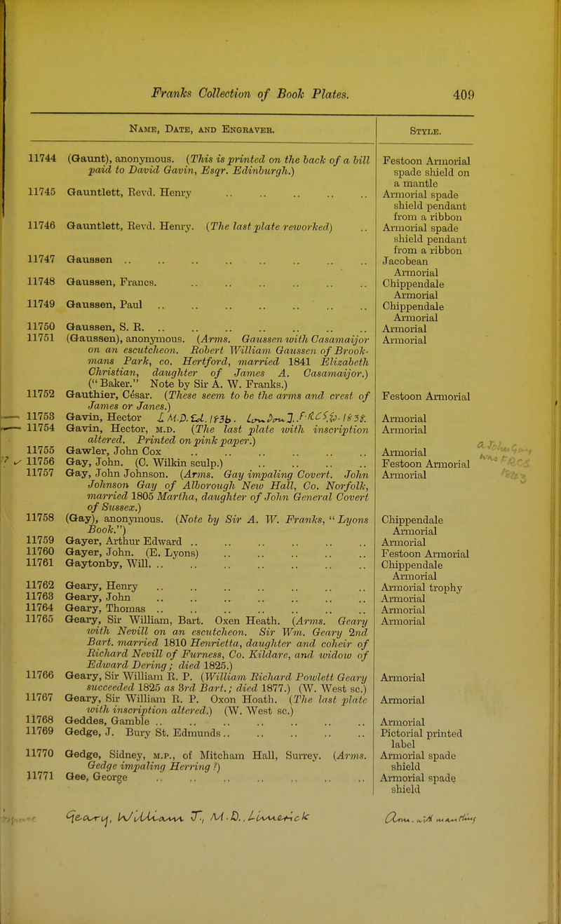 Name, Date, and Enqbaveb. 11744 (Gaunt), anonymous. {TMs is printed on the hack of a hill paid to David Gavin, Esqr. Edinburgh.) 11745 Gauntlett, Eevtl. Henry 11746 Qaiintlett, Eevd. Henry. {The last plate re^uorhed) 11747 Gaiiasen 11748 Qausaen, Francs. 11749 Qaussen, Paul .. 11750 11751 11752 11753 11754 11755 ✓ 11756 11757 11758 11759 11760 11761 11762 11763 11764 11765 11766 11767 11768 11769 11770 11771 ■ «c Qaussen, S. R, .. (Gaussen), anonymous. {Arms. Gaussen luith Casamaijor on an escutcheon. Bobert William Gaussen of Brook- mans Park, CO. Hertford, married 1841 Elizabeth Christian, daughter of James A. Casamaijor.) ( Baker. Note by Sir A. W. Franks.) GautMer, Cesar. {These seem to be the a/rms and crest of James or Janes.) Gavin, Hector I M.D.Ul. Ii-3b ■ Lc^Din^l.f^-'^^iiJ- Gavin, Hector, m.d. {The last plate tvith inscription altered. Printed on pink paper.) Gawler, John Cox Gay, John. (C. Wilkin sculp.) Gay, John Johnson. {Atqiis. Gay impaling Covert. John Johnson Gay of Alhoroiigh Neio Hall, Co. Norfolk, mamed 1805 Martha, daughter of John General Covert of Sussex.) (Gay), anonymous. {Note by Sir A. W. Franks, Lyons Book.) Gayer, Arthur Edward .. Gayer, John. (E. Lyons) Gaytonby, Will Geary, Henry Geary, John Geary, Thomas .. Geary, Sir William, Bart. Oxen Heath. {Arms. Geary ivith Nevill on an escutcJieon. Sir Won. Geary 2nd Bart. ma/)'ried 1810 Henrietta, daughter and coheir of Richard Nevill of Fttrness, Co. Kildare, and ruidoio of Edivard Bering; died 1825.) Geary, Sir William E. P. {William Richard Powlett Geary succeeded 1825 as 3rd Bart.; died 1877.) (W. West sc.) Geary, Sir William E. P. Oxon Hoath. {The last plate ivilh inscription altered.) (W. West sc.) Geddes, Gamble .. Gedge, J. Bury St. Edmunds Style. Gedge, Sidney, m.p., of Mitcham Gedge impaling Herring ?) Gee, George Hall, Surrey. {Arms. Festoon Armorial spade sMeld on a mantle Armorial spade shield pendant from a ribbon Armorial spade shield pendant from a ribbon Jacobean Armorial Chippendale Armorial Chippendale Axmorial Armorial Armorial Festoon Armorial Armorial Armorial Armorial Festoon Armorial Armorial Chippendale Armorial Armorial Festoon Armorial Chippendale Aimorial Ai'morial trophy Ai-morial Armorial Armorial Armorial Armorial Armorial Pictorial printed label Armorial spade shield Armorial spadQ shield