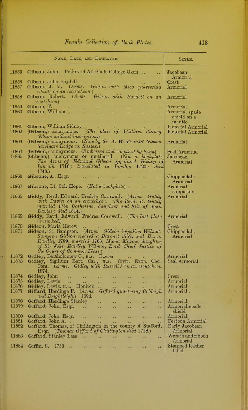 Name, Date, and Engravbb. 11855 Gibson, John. Fellow of All Souls College Oxon. 11856 11857 11858 11859 11860 11861 11862 11863 11864 11865 11866 11867 11868 11869 11870 11871 11872 11873 11874 11875 11876 11877 11878 11879 11880 11881 11882 11883 11884 Gibson, John Boydell .. Gibson, J. M. (Anns. Gibson Chilcle on a7i escutcheon.) Gibson, Robert. {Arms. Qihson esciitclieon). Gibson, T. Gibson, William .. ivith Mico quartering with Boydell on an Gibson, WiUiam Sidney.. (Gibson,) anonjTnous. (The plate of William Sidney Gibson without inscription.) (Gibson,) anonymous. {Note by Sir A. W. Franks' Gibson Sandgate Lodge co, Sussex!) (Gibson,) anonymous. {Embossed and coloured by hand).. (Gibson,) anonymous or mutilated. {Not a bookplate. The Arms of Edmund Gibson appointed Bishop of Lincoln 1716; translated to London 1720; died 1748.) Gibsone, A., Esqr. Gibsone, Lt.-Col. Hope. {Not a bookplate) .. Giddy, Revd. Edward, Tredrea Cornwall. {Arms. Giddy with Davies on an escutcheon. The Bevd. E. Giddy married 1765 Catherine, daughter and heir of John Davies ; died 1814.) Giddy, Revd. Edward, Tredrea Cornwall. {The last plate re-ivorked.) Gideon, Maria Marow .. Gideon, Sr. Sampson. {Arms. Gideon impaling Wilmot. Sampson Gideon created a Baronet 1759, and Baron Eai-dley 1789, married 1766, Maria Ma/)-oio, daughter of Sir John Eardley Wilmot, Lord Chief Justice of the Court of Common Pleas.) Gidley, Bartholomew C, B.A. Exeter Gidley, Sigillum Bart. Car., m.a. Civit. Exon. Cler. Com. {Arms. Gidley luith Bussell ? on an escutcheon 1874. Gidley, John Gidley, Lewis Gidley, Lewis, m.a. Honiton GiflFard, Hardinge F. {Arms. and Brightleigh.) 1894. Giffard, Hardinge Stanley GifFard, John, Esqr. Style. Giffa/rd quartering Cobleigh GifFard, John, Esqr. Giffard, John A Giffard, Thomas, of Chillington in the county of Stafford, Esqr. {Thomas Giffard of Chillington died 1718.) Giffard, Stanley Lees Giffin, S. 1753 Jacobean Armorial Crest Armorial Armorial Armorial Armorial spade shield on a mantle Pictorial Armorial Pictorial Armorial Armorial Seal Armorial Jacobean Armorial Chippendale Armorial Armorial supporters Armorial Armorial Crest Chippendale Ajmorial Armorial Seal Armorial Crest Armorial Armorial Armorial - Armorial Armorial spade shield Armorial Festoon Armorial Early Jacobean Armorial Wreath and ribbon Armorial Stamped leather label