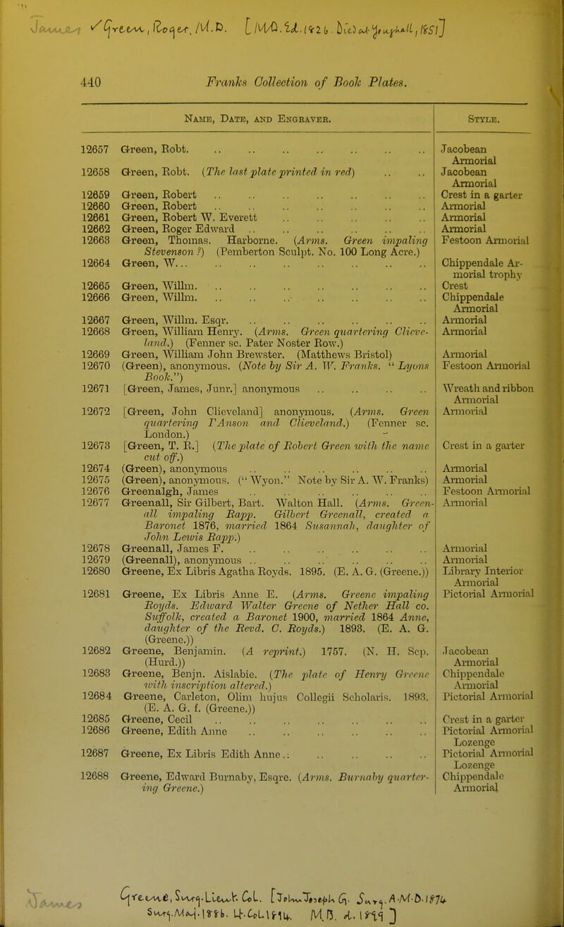 Name, Date, and Engraver. 12657 Green, Robt 12658 Green, Robt. {The last jjlate printed, in red) 12659 Green, Robert 12660 Green, Robert 12661 Green, Robert W. Everett 12662 Green, Roger Edward 12663 Green, Thomas. Harborne. {Arma. Green impaling Stevenson ?) (Pemberton Sculpt. No, 100 Long Acre,) 12664 Green, W 12665 Green, Willm, 12666 Green, Willm 12667 Green, Willm. Esqr 12668 Green, William Henrj'. {Arms. Green quartering Clicvc- land.) (Fenner sc. Pater Noster Row.) 12669 Green, William John Brewster. (Matthews Bristol) 12670 (Green), anonymous. {Note by Sir A. W. Franls.  Lyons BooJc) 12671 [Gx'een, James, Junr.] anonymous 12672 [Green, John Clievcland] anonymous. {Arms. Green quartering TAnson and Clieveland.) (Fenner sc. London.) 12673 [Green, T. R.] {The plate of Bohe^-t Gi-een with the name cut off.) 12674 (Green), anonjTnous 12675 (Green), anonymous. (Wyon. Note by Sir A. W. Franks) 12676 Greenalgh, James 12677 Greenall, Sh- Gilbert, Bart. Walton Hall. {Arms. G^-een nil impaling Bapp. Gilbert Greenall, created a Baronet 1876, married 1864 Susannah, daughter of John Lewis Bapp.) 12678 GreenaU, James F 12679 (Greenall), anonymous .. 12680 Greene, Ex Libris Agatha Royds. 1895. (E. A. G. (Greene.)) 12681 Greene, Ex Libris Anne E. {Arms. Greene impaling Boyds. Ediuard Walter Gi-eene of Nether Hall co. Suffolk, created a Baronet 1900, married 1864 Anne, daughter of the Bevd. C. Boyds.) 1893. (E. A. G. (Greene.)) 12682 Greene, Benjamin. (A rcjirint.) 1757. (N. IT. Sep, (Hurd.)) 12683 Greene, Benjn, Aislabie. {The ^i/rrY^ of Henry Greene ivifh inscription altered.) 12684 Greene, Carleton, Olim hujus CoUogii Seholaris. 1893. (E. A. G. f. (Greene.)) 12685 Greene, Cecil 12686 Greene, Edith Anno 12687 Greene, Ex Libris Edith Anne.-. 12688 Greene, Edward Buvnaby, Esqre. {Arms, Burnaby quarter- Style. Jacobean Armorial Jacobean Armorial Crest in a garter Armorial Armorial Armorial Festoon Ai'moiial Chippendale Ai-- morial trophy Crest Chippendale Aimorial Ai-morial Aimorial Armorial Festoon Annorial Wreath and ribbon Annorial Armorial Crest in a gai-ter Annorial Annorial Festoon Annorial Annorial Armorial Armorial Library Interior Annorial Pictorial Annorial Jacobean Armorial Chippendale Armorial Pictorial Armorial Crest in a garter Pictorial Annorial Lozenge Pictorial Annorial Lozenge Cliippendalo