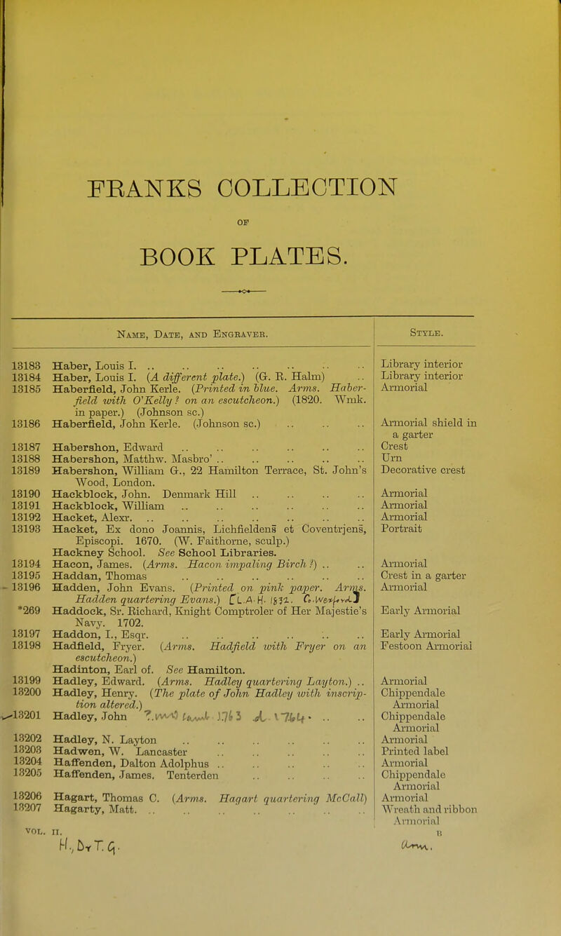 FEANKS COLLECTION OF BOOK PLATES. Name, Date, and Engeaver. 13183 13184 13185 13186 13187 13188 13189 13190 13191 13192 13193 *269 13197 13198 13199 13200 13202 13203 13204 13205 13206 13207 Haber, Louis I. .. Haber, Louis I. {A different plate.) {G. R. Halm) Haberfield, John Kerle. (Printed in blue. Arms. Haber- field ivitli 0'Kelly ? on an escutcheon.) (1820. Wmk. in paper.) (Johnson sc.) Haberfield, John Kerle. (Johnson sc.) Habershon, Edward Habershon, Matthw. Masbro' .. Habershon, William G., 22 Hamilton Terrace, St. John's Wood, London. Hackbloek, John. Denmark Hill Hackbloek, William Hacket, Alexr. Hacket, Ex dono Joannis, Lichfieldens et Coventrjeni, Episcopi. 1670. (W. Faithorne, sculp.) Hackney School. See School Libraries. Haeon, James. {Arms. Hacon impaling Birch .^) .. Haddan, Thomas Hadden, John Evans. [Printed on pink j^'^P^'*'- Arms. Hadden qua/rtering Evans.) C'- '^ H''Sll' r».lA/&*^v<iJ Haddock, Sr. Richard, linight Comptroler of Her Majestie's Navy. 1702. Style. Haddon, I., Esqr. Hadfield, Fryer. escutcheon.) Hadinton, Earl of. Hadley, Edward. {Arms, Hadfield ivith Fryer on an See Hamilton. {Arms. Hadley qttartering La/yton.) .. Hadley, Henry. {The plate of John Hadley with inscrip- tion altered.) Hadley, John ?. tA^Jr .17^ 3 X 174tf • ■ • Hadley, N. Layton Hadwen, W. Lancaster Haffenden, Dalton Adolphus . Haffenden, James. Tenterden Hagart, Thomas C. Hagarty, Matt. .. {Arms. Haga/r-t quartering McCall) VOL. II. Library interior Library interior Armorial Armorial shield in a garter Crest Urn Decorative crest Armorial Armorial Armorial Portrait Armorial Crest in a garter Ai-morial Early Armorial Early Armorial Festoon Armorial Armorial Chippendale Al-morial Chippendale Ai-morial Armorial Printed label Armorial Chippendale Armorial Armoi'ial Wreath and ribbon Aimorial li