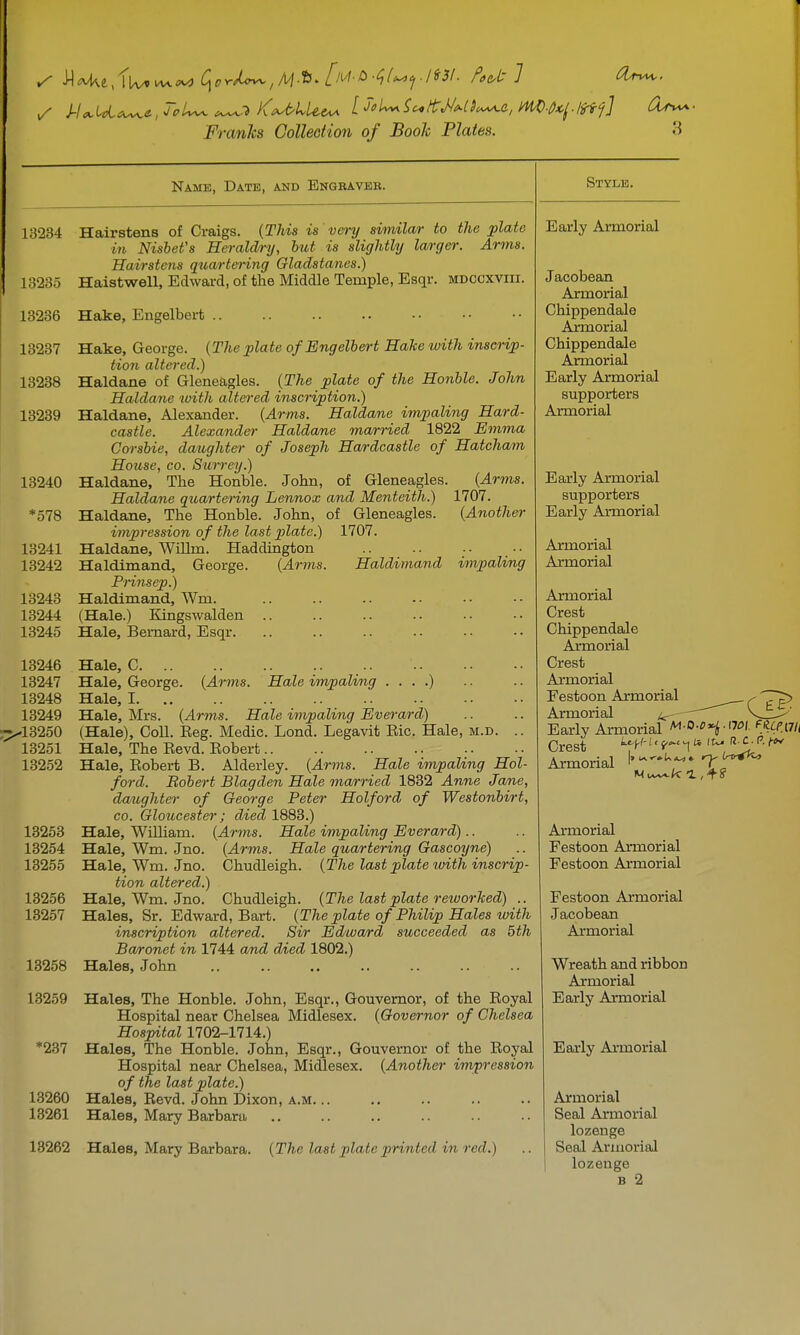 Name, Date, and Engeaveb. 13234 Hairstens of Craigs. {This is 'very svmila/)- to the plate in NisheVs Heraldry, htit is slightly larger. Arms. Hairstens q^iartei-ing Gladstanes.) 13235 Haistwell, Edward, of the Middle Temple, Esqr. mdccxviii. 13236 Hake, Engelbert 13237 Hake, George. {The plate ofEngelbert Hake with inscrip- tion altered.) 13238 Haldane of Gleneagles. {The plate of the Honhle. John Haldane luith altered inscription.) 13239 Haldane, Alexander. {Arms. Haldane impaling Hard- castle. Alexander Haldane ma/rried 1822 Emma Corsbie, daughter of Joseph Hardcastle of Hatcham Hoiise, CO. Surrey.) 13240 Haldane, The Honble. John, of Gleneagles. {Arms. Haldane qtoartering Lennox and Menteith.) 1707. *578 Haldane, The Honble. John, of Gleneagles. {Another impression of the last plate.) 1707. 13241 Haldane, Willm. Haddmgton 13242 Haldimand, George. {Arms. Haldimand impaling Prinsep.) 13243 Haldimand, Wm. 13244 (Hale.) Kingswalden 13245 Hale, Bernard, Esqr. 13246 Hale, G 13247 Hale, George. {Arms. Hale impaling . . . .) 13248 Hale, I 13249 Hale, Mrs. {Arms. Hale impaling Everard) ^13250 (Hale), Coll. Eeg. Medic. Lond. Legavit Eic. Hale, M.D. .. 13251 Hale, The Eevd. Eobert 13252 Hale, Eobert B. Alderley. {Arms. Hale impaling Hol- ford. Bohert Blag den Hale married 1832 Anne Jane, da/ughter of George Peter Holford of Westonbirt, CO. Gloucester; died 1883.) 13253 Hale, William. {Arms. Hale impaling Everard).. 13254 Hale, Wm. Jno. {Arms. Hale quartering Gascoyne) 13265 Hale, Wm. Jno. Chudleigh. {The last plate ivith inscrip- tion altered.) 13256 Hale, Wm. Jno. Chudleigh. {The last plate retvorked) .. 13257 Hales, Sr. Edward, Bart. {The plate of Philip Hales with inscription altered. Sir Edward succeeded as 5th Baronet in 1744 and died 1802.) 13258 Hales, John Hales, The Honble. John, Esqr., Gouvemor, of the Eoyal Hospital near Chelsea Midlesex. {Governor of Chelsea Hospital 1702-1714.) Hales, The Honble. John, Esqr., Gouvemor of the Eoyal Hospital near Chelsea, Midlesex. {Another impression of the last plate.) Hales, Eevd. John Dixon, A.M... Hales, Mary Barbara Style. 13259 237 13260 13261 Early Armorial Jacobean Armorial Chippendale Aimorial Chippendale Armorial Early Armorial supporters Armorial Early Armorial supporters Early Armorial Armorial Armorial Armorial Crest Chippendale Aimorial Crest Armorial Festoon Armorial Armorial ur^-^ Early Armorial t^-Q-o*\i-00\. ftu. Crest ^'-'r'-1 'f- ''■^P- Armorial 13262 Hales, Mary Barbara. {The last plate printed in red.) Armorial Festoon Armorial Festoon Armorial Festoon Armorial Jacobean Armorial Wreath and ribbon Armorial Early Armorial Early Armorial Armorial Seal Armorial lozenge Seal Armorial lozenge B 2