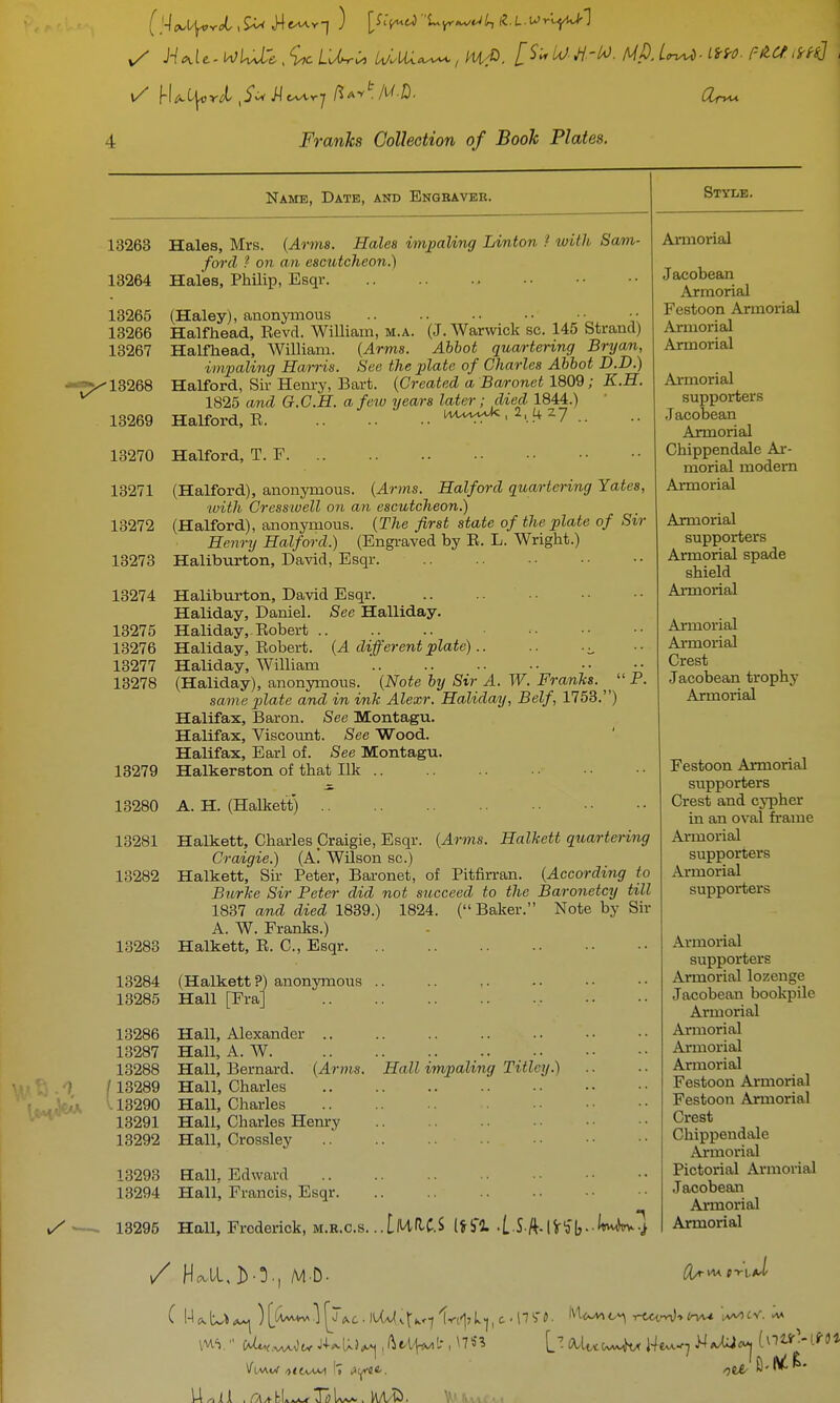 y H^\t. MlUl, iJ^:^ u/lm^, m.^. [^^^-A/A(-^^ ^^^0- '^^^J ' 4 Franks ColUetion of Booh Plates. Name, Date, and Engbaver. 13263 13264 Hales, Mrs {Arms. Hales impaling Linton ? with Sam- ford ? on an escutcheon.) Hales, Philip, Esqr. Style. 13265 (Haley), anonymous 13266 Halfliead, Revel. William, m.a. (J. Warwick sc. 145 Strand) 13267 Halfhead, AVilliam. {Arms. Abbot quartering Bryan, impaling Harris. See the plate of Charles Abbot D.D.) -^13268 Halford, Sir Henry, Bart. {Created a Ba/ronet 1809; K.H. 1825 and G.C.H. a few years later; died 1844.) 13269 Halford, R iM.,vv^.2, ftZ7 13270 Halford, T. F 13271 (Halford), anonymous. {Arms. Halford quartering Yates, with Cresswell on an escutcheon.) 13272 (Halford), anonymous. {The first state of the plate of Sir Henry Halford.) (Engraved by E. L. Wright.) 13273 Haliburton, David, Esqr 13274 Haliburton, David Esqr. .. Haliday, Daniel. Sec Halliday. 13275 Haliday,-Robert 13276 Haliday, Robert. {A different plate) ^ 13277 Haliday, William 13278 (Haliday), anonymous. {Note by Sir A. W. FranTcs. ^  P. same pilate and in ink Alexr. Haliday, Self, 1753.) Halifax, Baron. See Montagu. Halifax, Viscount. See Wood. Halifax, Earl of. See Montagu. 13279 Halkerston of that Ilk 13280 A. H. (Halkett) 13281 Halkett, Charles Craigie, Esqr. {Arms. Halkett quartering Cradgie.) (A. Wilson sc.) 13282 Halkett, Sir Peter, Baronet, of Pitfirran. {According to Burke Sir Peter did not succeed to the Baronetcy till 1837 and died 1839.) 1824. (Baker. Note by Sir A. W. Franks.) 13283 Halkett, R. C, Esqr 13284 (Halkett?) anonymous .. 13285 Hall [FraJ •K 13286 Hall, Alexander .. 13287 Hall, A. W. 13288 Hall, Bernard. {Arms. /13289 Hall, Charles U3290 Hall, Charles 13291 Hall, Charles Henry 13292 Hall, Crossley Hall impaling Titlcy.) 13293 Hall, Edward 13294 Hall, Francis, Esqr ^ ■—. 13295 Hall, Frederick, m.r.c.s. ..LM-HC.S (*bl -L S /^-l^'ob--^*^-! / Hell.]>■')., M-D. Armorial Jacobean Armorial Festoon Armorial Armorial Armorial Ai-morial supporters Jacobean Armorial Chippendale Ar- morial modem Armorial Armorial supporters Armorial spade shield AiTnorial Armorial Armorial Crest Jacobean trophy Armorial Festoon Armorial supporters Crest and cypher in an oval frame Armorial supporters Armorial supporters Armorial supporters Armorial lozenge Jacobean bookpile Armorial Armorial Armorial Armorial Festoon Armorial Festoon Armorial Crest Chippendale Armorial Pictorial Armorial Jacobean Armorial Armorial I