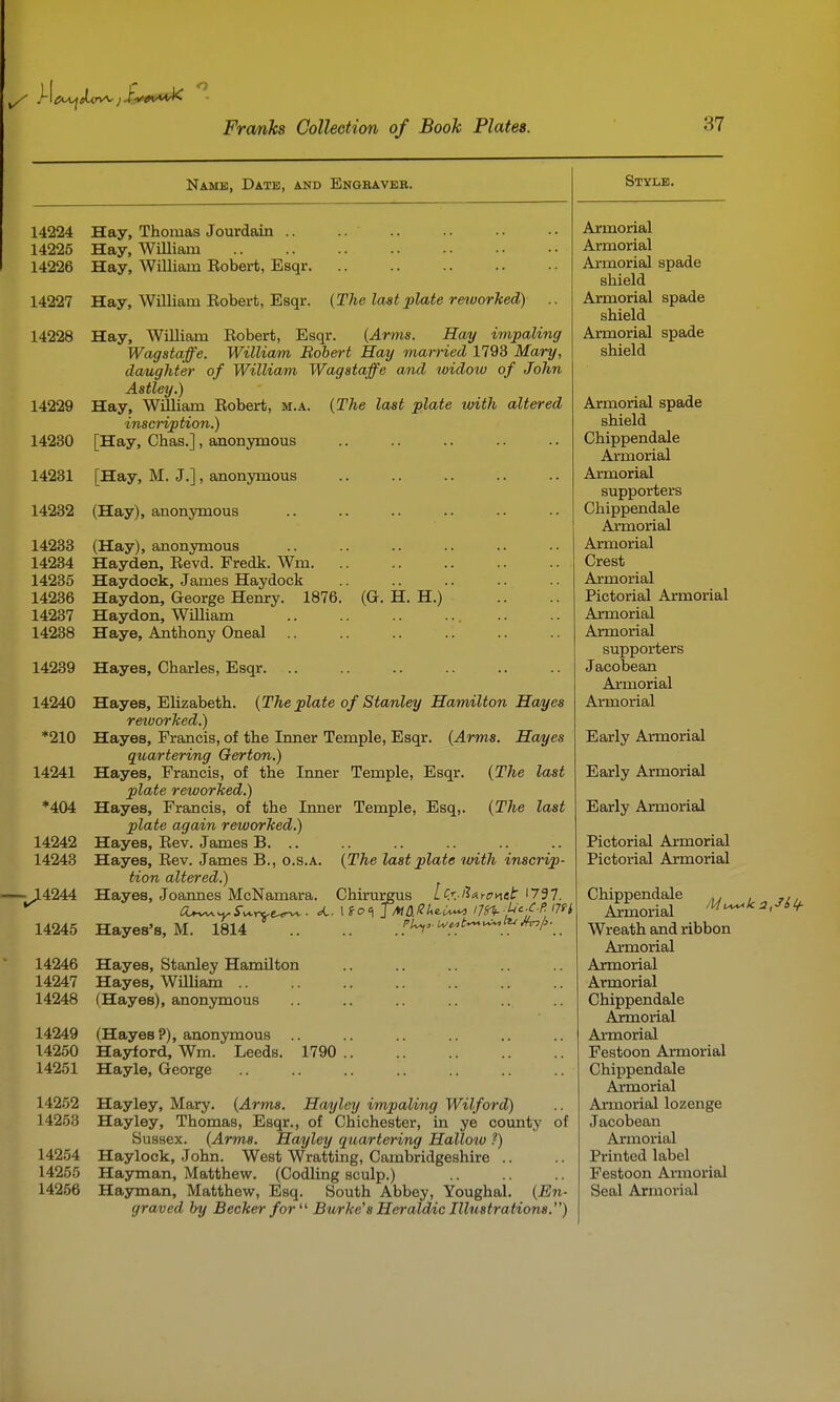 Namk, Date, and Engraver. 14224 Hay, Thomas Jourdain .. 14225 Hay, William 14226 Hay, William Robert, Esqr 14227 Hay, William Robert, Esqr. (The last plate reworked) .. 14228 Hay, William Robert, Esqr. (Arms. Hay impaling Wagstaffe. William Robert Haij married 1793 Mary, daughter of William Wagstaffe and widotv of John Astley.) Hay, William Robert, m.a. {The last plate loith altered inscription.) [Hay, Chas.], anonymous [Hay, M. J.], anonymous (Hay), anonymous (Hay), anonymous Hayden, Revd. Fredk. Wm. Haydock, James Haydock Haydon, George Henry. 1876. (G. H. H.) Haydon, William Haye, Anthony Oneal Hayes, Charles, Esqr. Hayes, Elizabeth. {The plate of Stanley Hamilton Hayes reiuorked.) Hayes, Francis, of the Inner Temple, Esqr. {Arms. Hayes quartering Gerton.) Hayes, Francis, of the Inner Temple, Esqr. {The last plate reworked.) Hayes, Francis, of the Inner Temple, Esq,. {The last plate again reworked.) Hayes, Rev. James B. .. Hayes, Rev. James B., o.s.a. {The last plate ivith inscrip- tion altered.) Hayes, Joannes McNamara. Chirurgus Lcr.iinrevxtt I797. Hayes's, M. 1814 Pi^,.i^e.t^^i^Jhn/.._ Hayes, Stanley Hamilton Hayes, William .. (Hayes), anonymous 14229 14230 14231 14232 14233 14234 14235 14236 14237 14238 14239 14240 *210 14241 *404 14242 14243 ^4244 14245 14246 14247 14248 14249 14250 14251 14252 14253 14254 14255 14256 Style. (Hayes ?), anonymous Hayiord, Wm. Leeds. Hayle, George 1790 .. Hayley, Mary. {Arms. Ha/yley impaling Wilford) Hay ley, Thomas, Esqr., of Chichester, in ye county of Sussex. {Arms. Hayley quartering Hallow ?) Haylock, John. West Wratting, Cambridgeshire .. Hayman, Matthew. (Codling sculp.) Hayman, Matthew, Esq. South Abbey, Youghal. {En- graved by Becker for Burke's Heralddc Illustrations.) Armorial Armorial Armorial spade shield Armorial spade shield Armorial spade shield Armorial spade shield Chippendale Armorial Armorial supporters Chippendale Aimorial Armorial Crest Armorial Pictorial Armorial Armorial Armorial supporters Jacobean Armorial Armorial Early Armorial Early Armorial Early Armorial Pictorial Armorial Pictorial Armorial Wreath and ribbon Armorial Armorial Armorial Chippendale Aimorial Armorial Festoon Armorial Chippendale Armorial Armorial lozenge Jacobean Armorial Printed label Festoon Armorial Seal Armorial