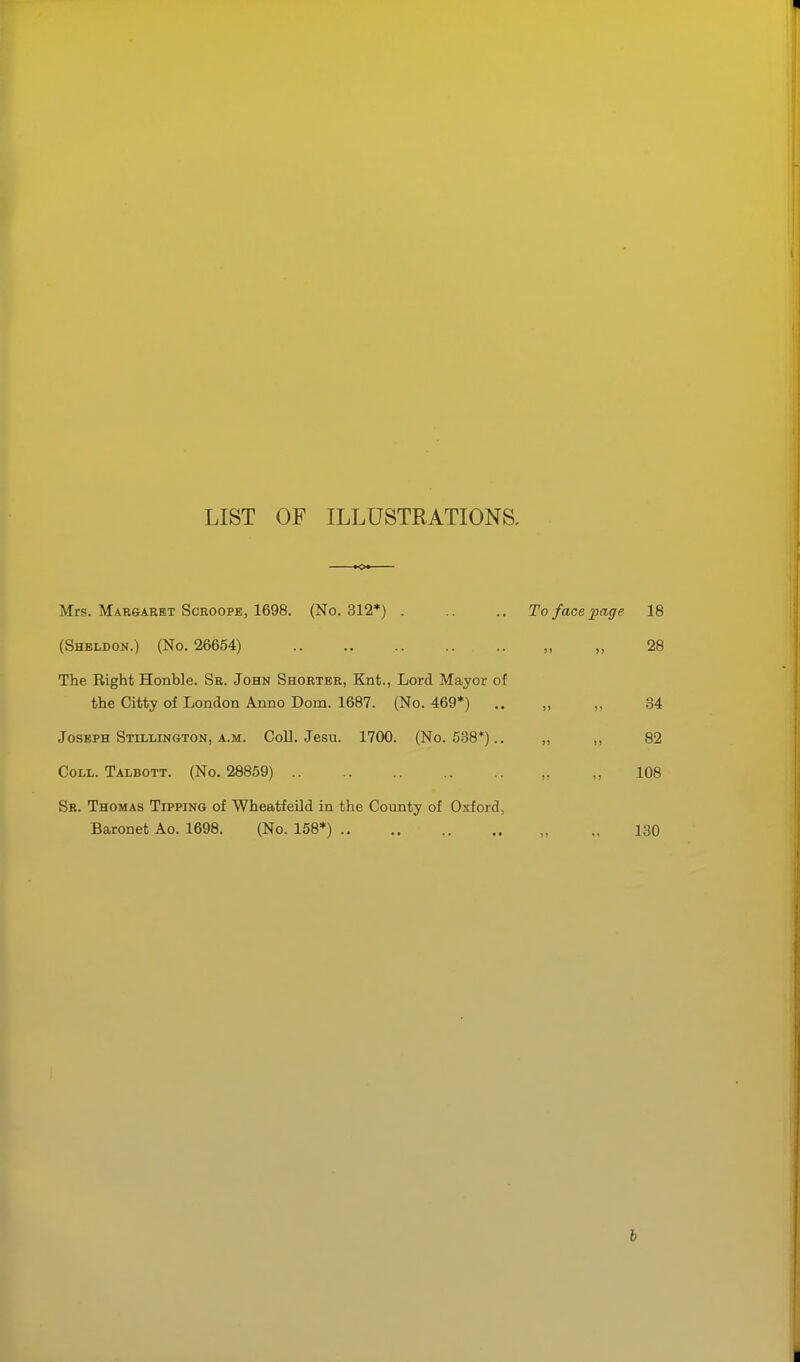 LIST OF ILLUSTRATIONS. Mrs. Mar&arbt Scroope, 1698. (No. 312*) . .. .. To face page 18 (Sheldon.) (No. 26654) „ „ 28 The Right Honble. Sr. John Shorter, Knt., Lord Mayor of the Citty of London Anno Dom. 1687. (No. 469*) .. „ „ 34 Joseph Stillington, A.M. Coll. Jesu. 1700. (No. 538*).. „ ,, 82 Coll. Talbott. (No. 28859) „ ,, 108 Sr. Thomas Tipping of Wheatfeild in the County of Oxford, Baronet Ao. 1698. (No. 158*) „ „ 130 6