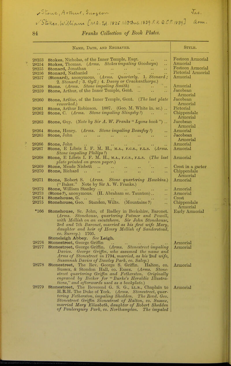 Name, Date, and Engbavek. 28253 Stokes, Nicholas, of the Inner Temple, Esqr. 28254 Stokes, Thomas. {Arms. Stokes imjpaling Goodwyn) 28255 Stonard, Jonathan 28256 Stonard, Nathaniel 28257 (Stonard), anonymous. {Arms. Quarterly. 1. Stonard; 2. Stonard; 3. Gyll; 4. Davey or CrackantJwrpe.) 28258 Stone. {Ar7ns. Stone mipaling Smith) 28259 Stone, Arthur, of the Inner Temple, Gent 28260 Stone, Arthur, of the Inner Temple, Gent. {The last i^late reiuorhed.) 28261 Stone, Arthur Eobinson. 1887. (Geo. M. AVhite in. sc.) .. 28262 Stone, C. {Arms. Stone impaling Sling shy ?) 28263 Stone, Guy. {Note by Sir A. W. Franks  Lyons hook ) .. 28264 28265 28266 28267 28268 28269 28270 28271 28272 28273 28274 28275 *166 28276 28277 28278 Stone, Henry. {Arms. Stone impaling BeoAifoy ?) Stone, John Stone, John Stone, E Libris I. F. M. H., Stone impaling Philips ?) Stone, E Libris I. F. M. H., m.a 2)late printed on green paper.) Stone, Meade Nisbett Stone, Eichard M.A., F.C.S., F.L.s. {Arms. F.C.S., F.L.s. {The last Stone, Bobert S. {Arms. Stone quartering Hatvkins.) ( Baker. Note by Sir A. W. Franks.) Stone, William Stanley .. (Stone ?), anonymous. (H. Abraham sc. Tamiton).. Stonehouse, G. .. Stonehouse, Geo. Standen, Wilts. (Mountaine ?) Stonehouse, Sr. John, of Radley m Berkshire, Baronet. {Arms. Stonehouse, quartering Patmer and Poiuell, with Mellish on an escutcheon. Sir John Stonehouse, 3rcZ and 1th Baronet, married as his first xoife Mary, daughter and heir of Henry Mellish of Sanderstead, CO. Surrey.) 1705. Stoneleigh. Abbey. See Leigh, Stonestreet, George Grifiin Stonestreet, George Grifiin. {Arms. Stonestreet impaling Davies. George Griffin, who assumed the name and Arms of Stonestreet in 1794, married, as his 2nd wife, Susannah Davies of Dawley Park, co. Salop.) Stonestreet, The Eev. George S. Grifiin. Halton, co. Sussex, & Stondon Hall, co. Essex. {Arms. Stone- street quartering Griffin and Fetherston. Originally engraved by Becker for Burke's Heraldic Ilhistra- tions, and afterwa/rds used as a bookplate.) H.R.H. The Duke of York. {Arms. Stonestreet, quar- tering Fetherston, impaling Shcdden. The Bcvd. Geo. Stonestreet Griffin Stonestreet of Halton, co. Sussex, married Mary Elizabeth, daughter of Bobei-t Shedden of Pa/iderspury Park, co. Northampton. The impaled Style. Festoon Armorial Armorial Festoon Armorial Pictorial Armorial Armorial Armorial Jacobean Armorial Jacobean Anuorial Pictorial Chippendale Armorial Jacobean Ai-morial Armorial Jacobean Armorial Armorial Armorial Armorial Crest in a garter Chippendale Ajrmorial Armorial Armorial Armorial Crest Chippendale Ai-morial Early Armorial Armorial Armorial Armorial