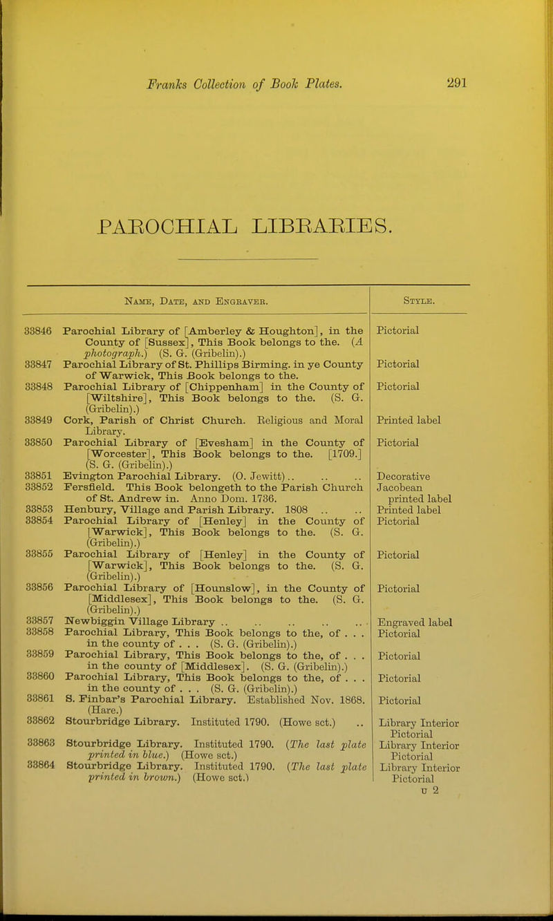 PAEOCHIAL LIBEABIES. Name, Date, and Engeaveb. 33846 Parochial Library of [Amberley & Houghton], in the County of [Sussex], This Book belongs to the. {A photograph.) (S. Gr. (Gribelin).) 33847 Parochial Library of St. Phillips Birming. in ye County of Warwick, This Book belongs to the. 33848 Parochial Library of [Chippenham] in the County of [Wiltshire], This Book belongs to the. (S. G. (Gribelin).) 33849 Cork, Parish of Christ Church. Eeligious and Moral Library. 33850 Parochial Library of [Evesham] in the County of [Worcester], This Book belongs to the. [1709.] (S. G. (Gribelin).) 33851 Evington Parochial Library. (0. Jewitt).. 33852 Persfield. This Book belongeth to the Parish Church of St. Andrew in. Anno Dom. 1736. 33853 Henbury, Village and Parish Library. 1808 .. 33854 Parochial Library of [Henley] in the County of [Warwick], This Book belongs to the. (S. G. (Gribelin).) 33855 Parochial Library of [Henley] in the County of [Warwick], This Book belongs to the. (S. G. (Gribelin).) 33856 Parochial Library of [Hounslow], in the County of [Middlesex], This Book belongs to the. (S. G. (Gribelin).) 33857 Newbiggin Village Library .. 33858 Parochial Library, This Book belongs to the, of . . . in the county of . . . (S. G. (Gribelin).) 33859 Parochial Library, This Book belongs to the, of . . . in the covmty of [Middlesex]. (S. G. (Gribelin).) 33860 Parochial Library, This Book belongs to the, of . . . in the county of . . . (S. G. (Gribelin).) 33861 S. Finbar's Parochial Library. Established Nov. 1868. (Hare.) 33862 Stourbridge Library. Instituted 1790. (Howe sot.) Style. 33863 Stourbridge Library. Instituted 1790. printed in blue.) (Howe set.) 33864 Stourbridge Library. Instituted 1790. printed in brown.) (Howe sct.1 {The last plate {The last plate Pictorial Pictorial Pictorial Printed label Pictorial Decorative Jacobean printed label Printed label Pictorial Pictorial Pictorial Engraved label Pictorial Pictorial Pictorial Pictorial Library Interior Pictorial Library Interior Pictorial Library Interior Pictorial D 2
