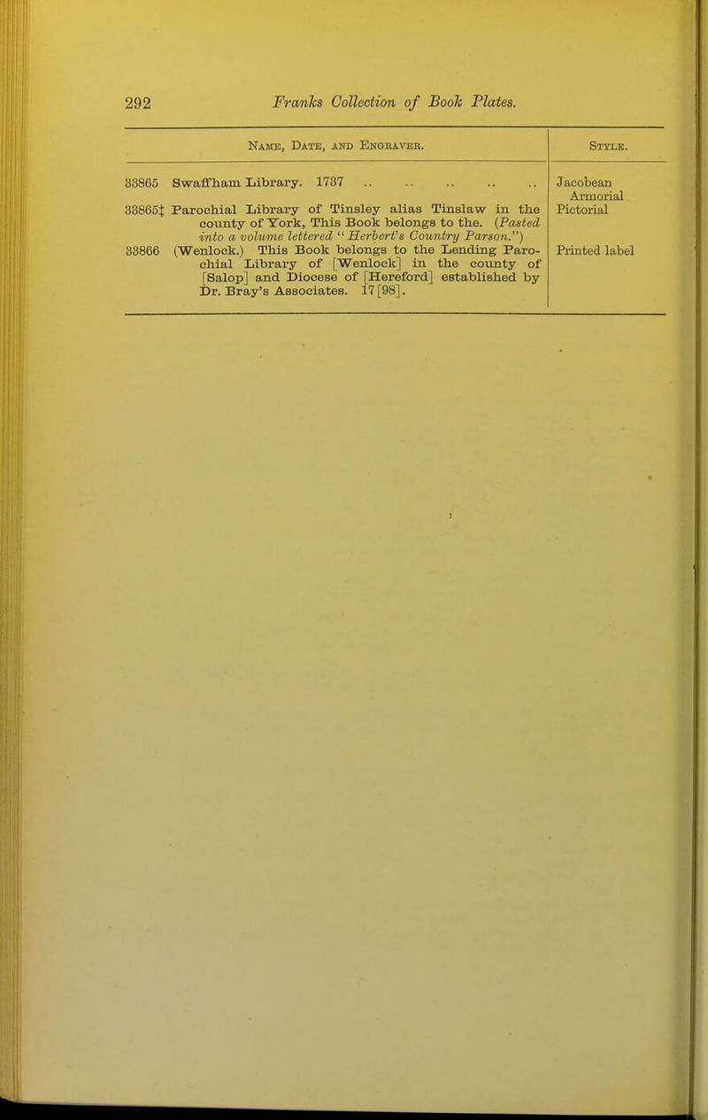 Name, Date, and Engbaveb. Style. ^mftfifi Hwn-PFVinm Tiilivnrv 1737 338651 Parochial Library of Tinsley alias Tinslaw in the county of York, This Book belongs to the. {Pasted into a volume lettered  Herbert's Country Parson) chial Library of [Wenlock] in the coxinty of [Salop] and Diocese of [Hereford] established by Dr. Bray's Associates. 17 [98]. A a f*drx^Ciin Armorial Pictorial