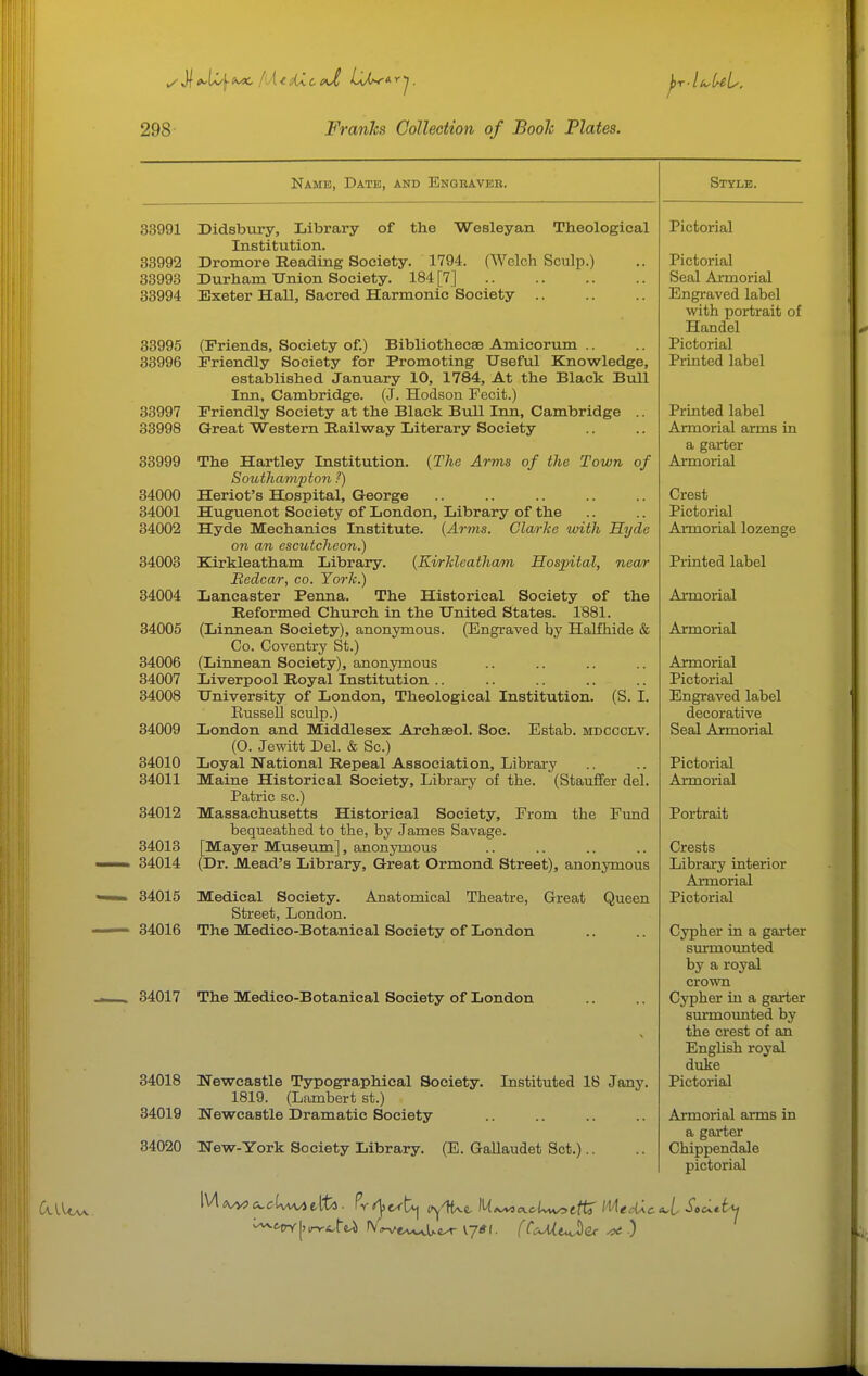 Name, Date, and Engeaveb. 33991 Didsbury, Library of the Wesleyan Theological Institution. 83992 Dromore Reading Society. 1794. (Welch Sculp.) 33993 Durham Union Society. 184 [7] 33994 Exeter Hall, Sacred Harmonic Society .. 33995 (Friends, Society of.) Bibliotheese Amicorum .. 33996 Friendly Society for Promoting Useful Knowledge, established January 10, 1784, At the Black Bull Inn, Cambridge. (J. Hodson Fecit.) 33997 Friendly Society at the Black Bull Inn, Cambridge .. 33998 Great Western Railway Literary Society 33999 The Hartley Institution. {The Arms of the Town of Southampton ?) 34000 Heriot's Hospital, George 34001 Huguenot Society of London, Library of the 34002 Hyde Mechanics Institute. {Arms. Clarke with Hyde on an escutcheon.) 34003 Kirkleatham Library. {KirMeatham Hosjpital, near Bedcar, co. York.) 34004 Lancaster Penna. The Historical Society of the Reformed Church in the United States. 1881. 34005 (Linnean Society), anonymous. (Engraved by HaKhide & Co. Coventry St.) 34006 (Linnean Society), anonymous 34007 Liverpool Royal Institution .. 34008 University of London, Theological Institution. (S. I. Russell sculp.) 34009 London and Middlesex Archaaol. Soc. Estab. mdccclv. (0. Jewitt Del. & Sc.) 34010 Loyal National Repeal Association, Library 34011 Maine Historical Society, Library of the. (Stauffer del. Patric sc.) 34012 Massachusetts Historical Society, From the Fund bequeathed to the, by James Savage. 34013 [Mayer Museum], anonymous 34014 (Dr. Mead's Library, Great Ormond Street), anonymous 34015 Medical Society. Anatomical Theatre, Great Queen Street, London. 34016 The Medico-Botanical Society of London 34017 The Medico-Botanical Society of London 34018 Newcastle Typographical Society. Instituted 18 Jany. 1819. (Lambert st.) Newcastle Dramatic Society 34019 34020 New-York Society Library. (E. Gallaudet Set.) Style. Pictorial Pictorial Seal Armorial Engraved label with portrait of Handel Pictorial Printed label Printed label Armorial arms in a garter Armorial Crest Pictorial Armorial lozenge Printed label Armorial Armorial Armorial Pictorial Engraved label decorative Seal Armorial Pictorial Armorial Portrait Crests Library interior ALrmorial Pictorial Cypher in a garter surmoimted by a royal crown Cypher in a garter surmounted by the crest of an EngHsh royal duke Pictorial Armorial arms in a garter Chippendale pictorial ■1
