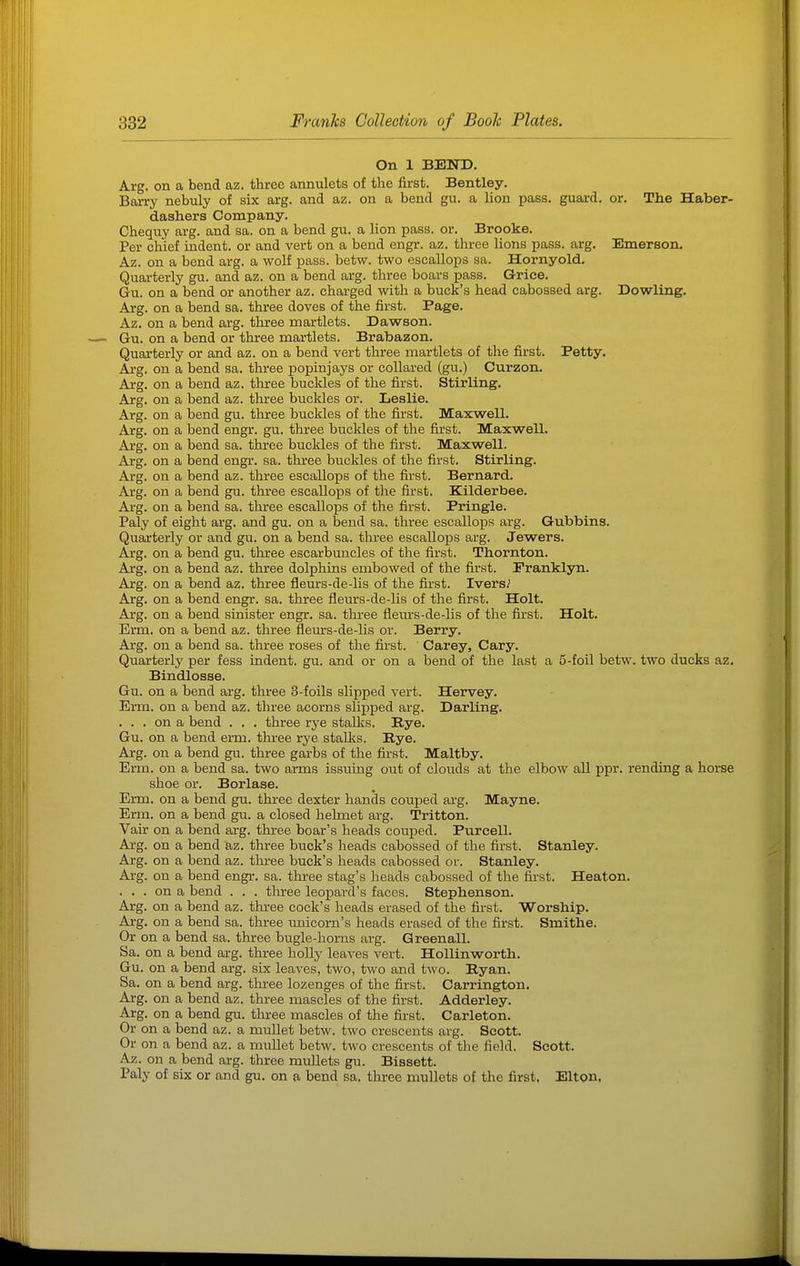 On 1 BEND. Arg. on a bend az. three annulets of tlie first. Bentley. Barry nebuly of six arg. and az. on a bend gu. a lion pass, guard, or. The Haber- dashers Company. Chequy arg. and sa. on a bend gu. a lion pass. or. Brooke. Per chief indent, or and vert on a bend engr. az. three lions pass. arg. Emerson. Az. on a bend arg. a wolf pass. betw. two escallops sa. Hornyold. Quarterly gu. and az. on a bend arg. three boars pass. Griee. Gu. on a bend or another az. charged with a buck's head cabossed arg. Dowling. Arg. on a bend sa. three doves of the first. Page. Az. on a bend arg. tln-ee martlets. Dawson. Gu. on a bend or three martlets. Brabazon. Quarterly or and az. on a bend vert three martlets of the first. Petty. Arg. on a bend sa. three popinjays or collared (gu.) Curzon. Arg. on a bend az. three buckles of the first. Stirling. Arg. on a bend az. three bucldes or. Leslie. Arg. on a bend gu. three buckles of the first. Maxwell. Arg. on a bend engr. gu. three buckles of the first. Maxwell. Arg. on a bend sa. three bucldes of the first. Maxwell. Arg. on a bend engr. sa. three buckles of the first. Stirling. Arg. on a bend az. three escallops of the first. Bernard. Arg. on a bend gu. three escalloiDS of the first. Kilderbee. Arg. on a bend sa. three escallops of the first. Pringle. Paly of eight arg. and gu. on a bend sa. three escallops arg. Gubbins. Quarterly or and gu. on a bend sa. tkree escallops arg. Jewers. Arg. on a bend gu. three escarbimeles of the first. Thornton. Arg. on a bend az. three dolphins embowed of the first. Eranklyn. Arg. on a bend az. three fleurs-de-lis of the first. Ivers^ Arg. on a bend engr. sa. three fleurs-de-lis of the first. Holt. Arg. on a bend sinister engr. sa. three flem's-de-lis of the first. Holt. Erm. on a bend az. three fleurs-de-lis or. Berry. Arg. on a bend sa. three roses of the first. Carey, Cary. Quarterly per fess indent, gu. and or on a bend of the last a 5-foil betw. two ducks az. Bindlosse. Gu. on a bend arg. three 3-foils slipped vert. Hervey. Erm. on a bend az. three acorns slipped arg. Darling. . . . on a bend . . . three rye stalks. Rye. Gu. on a bend erm. thi-ee rye stalks. Rye. Arg. on a bend gu. three garbs of the first. Maltby. Erm. on a bend sa. two arms issuing out of clouds at the elbow all ppr. rending a horse shoe or. Borlase. EiTQ. on a bend gu. thi-ee dexter hands couped arg. Mayne. Erm. on a bend gu. a closed helmet arg. Tritton. Vair on a bend arg. three boar's heads couped. Purcell. Arg. on a bend az. three buck's heads cabossed of the first. Stanley. Arg. on a bend az. tkree buck's heads cabossed or. Stanley. Ai-g. on a bend engr. sa. three stag's heads cabossed of the first. Heaton. . . . on a bend . . . three leopard's faces. Stephenson. Arg. on a bend az. three cock's heads erased of the first. Worship. Arg. on a bend sa. three unicorn's heads erased of the first. Smithe. Or on a bend sa. three bugle-horns arg. Greenall. Sa. on a bend arg. three holly leaves vert. HoUinworth. Gu. on a bend arg. six leaves, two, two and two. Ryan. Sa. on a bend arg. three lozenges of the first. Carrington. Arg. on a bend az. three mascles of the first. Adderley. Arg. on a bend gu. three mascles of the first. Carleton. Or on a bend az. a mullet betw. two crescents arg. Scott. Or on a bend az. a muUet betw. two crescents of the field. Scott. Az. on a bend arg. three muUets gu. Bissett. Paly of six or and gu. on a bend sa. three muUets of the first, Elton,