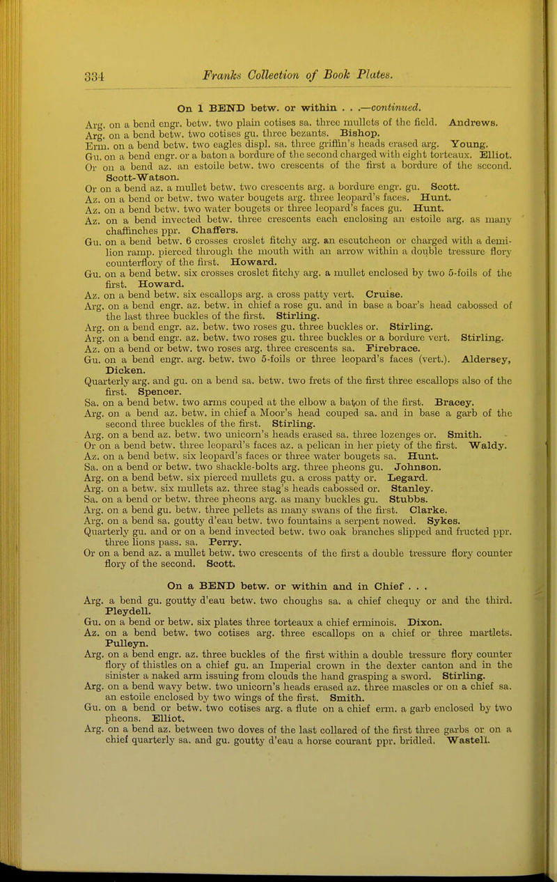 On 1 BEND betw. or within . . .—C07itinued. Arg. on a bend cngr. betw. two plain cotises sa. three mullets of the field. Andrews. Arg. on a bend betw. two cotises gu. three bezants. Bishop. Erm. on a bend betw. two eagles displ. sa. three gi-iflin's heads erased arg. Young. Gu. on a bond engr. or a baton a bordure of tlic second charged with eight tortcaux. Elliot. Or on a bend az. an estoile betw. two crescents of the first a bordure of the second. Scott-Watson. Or on a bend az. a mullet betw. two crescents arg. a bordure engi-. gu. Scott. Az. on a bend or betw. two water bougets arg. three leopard's faces. Hunt. Az. on a bend betw. two water bougets or three leopard's faces gu. Hunt. Az. on a bend invected betw. three crescents each enclosing an estoile arg. as many chaffinches ppr. Chaffers. Gu. on a bend betw. 6 crosses croslet fitchy arg. an escutcheon or charged with a demi- lion ramp, pierced through the mouth with an aiTOW Avithin a double tressure flory coimterflory of the first. Howard. Gu. on a bend betw. six crosses croslet fitchy arg. a mullet enclosed by two 5-foils of the first. Howard. Az. on a bend betw. six escallops arg. a cross patty vert. Cruise. Ai'g. on a bend engr. az. betw. in chief a rose gu. and in base a boar's head cabossed of the last three buckles of the first. Stirling. Arg. on a bend engr. az. betw. two roses gu. three buckles or. Stirling. Arg. on a bend engi. az. betw. two roses gu. three buckles or a bordure vert. Stirling. Az. on a bend or betw. two roses arg. three crescents sa. Firebrace. Gu. on a bend engr. arg. betw. two 5-foils or three leopard's faces (vert.). Aldersey, Dicken. Quarterly arg. and gu. on a bend sa. betw. two frets of the first three escallops also of the first. Spencer. Sa. on a bend betw. two arms couped at the elbow a baton of the first. Bracey. Arg. on a bend az. betw. in chief a Moor's head couped sa. and in base a gai'b of the second three buckles of the first. Stirling. Arg. on a bend az. betw. two imicorn's heads erased sa. three lozenges or. Smith. Or on a bend betw. three leopard's faces az. a pelican in her piety of the first. Waldy. Az. on a bend betw. six leopard's faces or three water bougets sa. Hunt. Sa. on a bend or betw. two shackle-bolts arg. three pheons gu. Johnson. Arg. on a bend betw. six pierced mullets gu. a cross patty or. Legard. Arg. on a betw. six mullets az. three stag's heads cabossed or. Stanley. Sa. on a bend or betw. tln-ee pheons arg. as many buckles gu. Stubbs. Arg. on a bend gu. betw. three pellets as many swans of the first. Clarke. Arg. on a bend sa. goutty d'eau betw. two fountains a serpent nowed. Sykes. Quarterly gu. and or on a bend invected betw. two oak branches slipped and fructed ppr. three lions pass. sa. Perry. Or on a bend az. a mullet betw. two crescents of the first a double tressm-e flory counter flory of the second. Scott. On a BEND betw. or within and in Chief . . . Arg. a bend gu. goutty d'eau betw. two choughs sa. a chief chequy or and the thkd. Pleydell. Gu. on a bend or betw. six plates three torteaux a chief erminois. Dixon. Az. on a bend betw. two cotises arg. three escallops on a chief or three martlets. Pulleyn. Arg. on a bend engr. az. three buckles of the first within a double tressin-e flory counter flory of thistles on a chief gu. an Imperial cro\vn in the dexter canton and in the sinister a naked arm issuing from clouds the hand grasping a sword. Stirling. Arg. on a bend wavy betw. two imicom's heads erased az. three mascles or on a chief sa. an estoile enclosed by two wings of the first. Smith. Gu. on a bend or betw. two cotises arg. a flute on a chief erm. a gai-b enclosed by two pheons. Elliot, Arg. on a bend az. between two doves of the last collared of the first three garbs or on a chief quarterly sa. and gu. goutty d'eau a horse courant ppr. bridled. Wastell.