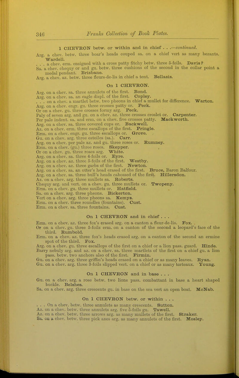 1 CHEVRON betw. or within and in chief . . .—continued. Arg. a chev. betw. three boar's heads couped sa. on a chief vert as many bezants. Warden. ... a chev. erm. ensigned with a cross patty fitchy betw. three 5-foils. Davis ? Sa. a chev. chequy or and gu. betw. three cushions of the second in the collar point a medal pendant. Brisbane. Arg. a chev. az. betw. three flem-s-de-lis in chief a tent. Bellasia. On 1 CHEVRON. Arg. on a chev. sa. three annulets of the first. Bond. Arg. on a chev. sa. an eagle displ. of the first. Copley. ... on a chev. a martlet betw. two jjheons in chief a mullet for difference. Warton. Ai'g. on a chev. engr. gu. three crosses patty or. Peek. Or on a chev. gu. three crosses formy arg. Peck. Paly of seven arg. and gu. on a chev. az. three crosses croslet or. Carpenter. Per pale indent, sa. and erm. on a chev. five crosses patty. Maekworth. Arg. on a chev. sa. three covered cups or. Backwell. Az. on a chev. erm. three escallops of the first. Pringle. Erm. on a chev. engr. gu. three escallops or. Grove. Gu. on a chev. arg. three estoiles (sa.). Carr. Arg. on a chev. per pale az. and gu. three roses or. Rumney. Erm. on a chev. (gu.) three roses. Skepper. Or on a chev. gu. three roses arg. White. Arg. on a chev. sa. three 4-foils or. Eyre. Arg. on a chev. az. three 5-foils of the first. Westby. Arg. on a chev. az. three garbs of the first. Newton. Arg. on a chev. sa. an otter's head erased of the first. Bruce, Baron Balfom*. Arg. on a chev. sa. three bull's heads cabossed of the fir^t. Hillersdon. Az. on a chev. arg. three mullets sa. Roberts. Chequy arg. and vert, on a chev. gu. three mullets or. Twopeny. Erm. on a chev. gu. three mullets or. Hatfield. Sa. on a chev. arg. three pheons. Bickerton. Vert on a chev. arg. three pheons sa. Eemys. Erm. on a chev. three roundles (foimtains). Cust. Erm. on a chev. sa. three fountains. Cust. On 1 CHEVRON and in chief . . . Erm. on a chev. az. three fox's erased arg. on a canton a fleur-de-lis. Pox. . Or on a chev. gu. three 5-foils erm. on a canton of the second a leopard's face of the third. Rumbold. Erm. on a chev. az. three fox's heads erased arg. on a canton of the second an ermine spot of the third. Pox. Arg. on a chev. gu. three escallops of the first on a chief or a lion pass, guard. Hinde. Barry nebuly arg. and az. on a chev. sa. three martlets of the first on a chief gu. a lion pass. betw. two anchors also of the first. Pirmin. Gu. on a chev. arg. three griffin's heads erased on a chief or as many leaves. Ryan. Gu. on a chev. arg. three 3-foils slipped vert, on a chief or as many torteaux. Young. On 1 CHEVRON and in base . . . Gu. on a chev. arg. a rose betw. two lions pass, combattant in base a heart shaped buckle. Belshes. Sa. on a chev. arg. three crescents gu. in base on the sea vert an open boat. McNab. On 1 CHEVRON betw. or wdthin , . . ... On a chev. betw. three annulets as many crescents. Sutton. Az. on a chev. betw. three annulets arg. five 5-foils gu. Tawell. Az. on a chev. betw. three arrows arg. as many mullets of the first. Strakei. Sa. on a chev. betw. three pick axes arg. as many annulets of the first. Mosley.