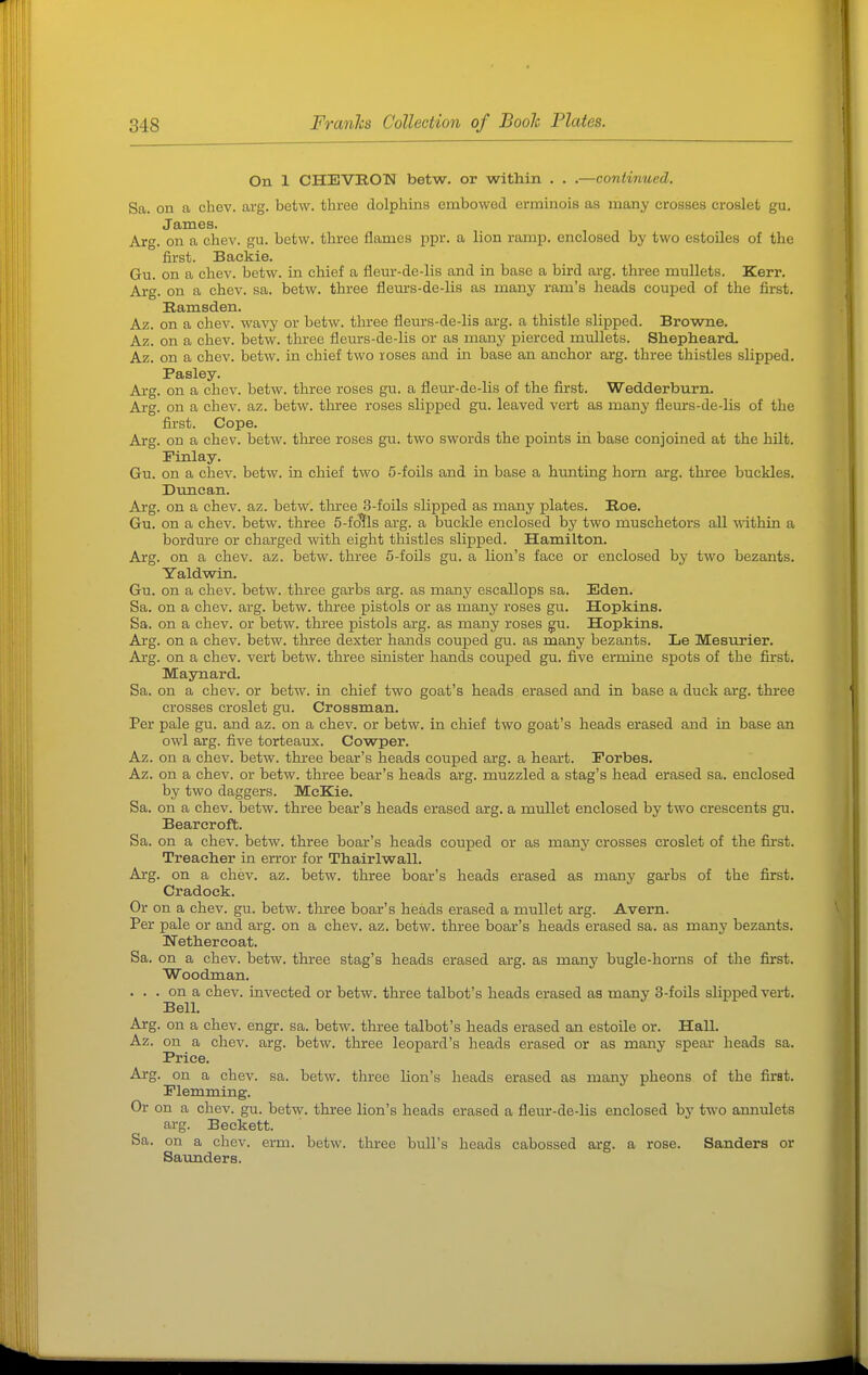 On 1 CHEVRON betw. or within • . .—continued. Sa. on a chev. arg. betw. three dolphins embowed erminois as many crosses croslet gu. James. Arg. on a chev. gu. betw. three flames ppr. a lion ramp, enclosed by two estoiles of the first. Backie. Gu. on a chev. betw. in chief a fleur-de-lis and in base a bird arg. three mullets. Kerr. Arg. on a chev. sa. betw. three fleurs-de-lis as many ram's heads couped of the first. Bamsden. Az. on a chev. wavy or betw. three fleurs-de-lis arg. a thistle slipped. Browne. Az. on a chev. betw. three fleurs-de-lis or as many pierced mullets. Shephieard. Az. on a chev. betw. in chief two loses and in base an anchor arg. three thistles slipped. Pasley. Arg. on a chev. betw. three roses gu. a flem--de-lis of the first. Wedderburn. Arg. on a chev. az. betw. three roses slipped gu. leaved vert as many fleurs-de-lis of the first. Cope. Arg. on a chev. betw. three roses gu. two swords the points in base conjoined at the hilt. Finlay. Gu. on a chev. betw. in chief two 5-foils and in base a hunting horn arg. three buckles. Duncan. Arg. on a chev. az. betw. three 3-foils slipped as many plates. Roe. Gu. on a chev. betw. three S-fcJJls arg. a buckle enclosed by two muschetors all within a bordure or charged with eight thistles slipped. Hamilton. Ai-g. on a chev. az. betw. three 5-foils gu. a lion's face or enclosed by two bezants. Yaldwin. Gu. on a chev. betw. three garbs arg. as many escallops sa. Eden. Sa. on a chev. arg. betw. three pistols or as many roses gu. Hopkins. Sa. on a chev. or betw. three pistols arg. as many roses gu. Hopkins. Arg. on a chev. betw. three dexter hands couped gu. as many bezants. Le Mesurier. Arg. on a chev. vert betw. three sinister hands couped gu. five ermine spots of the first. Maynard. Sa. on a chev. or betw. in chief two goat's heads erased and in base a duck arg. three crosses croslet gu. Crossman. Per pale gu. and az. on a chev. or betw. in chief two goat's heads erased and in base an owl arg. five torteaux. Cowper. Az. on a chev. betw. three bear's heads couped arg. a heart. Forbes. Az. on a chev. or betw. three bear's heads arg. muzzled a stag's head erased sa. enclosed by two daggers. McKie. Sa. on a chev. betw. three bear's heads erased arg. a mullet enclosed by two crescents gu. Bearcroft. Sa. on a chev. betw. three boar's heads couped or as many crosses croslet of the first. Treacher in error for Thairlwall. Arg. on a chev. az. betw. three boar's heads erased as many garbs of the first. Cradock. Or on a chev. gu. betw. three boar's heads erased a mullet arg. Avern. Per pale or and arg. on a chev. az. betw. three boar's heads erased sa. as many bezants. Nethereoat. Sa, on a chev. betw. three stag's heads erased arg. as many bugle-horns of the first. Woodman. . . . on a chev. invected or betw. three talbot's heads erased as many 3-foils slipped vert. Bell. Arg. on a chev. engr. sa. betw. three talbot's heads erased an estoile or. Hall. Az. on a chev. arg. betw. three leopard's heads erased or as many spear heads sa. Price. Arg. on a chev. sa. betw. three lion's heads erased as many pheons of the first. Elemming. Or on a chev. gu. betw. three lion's heads erased a fleur-de-lis enclosed by two annulets arg. Beckett. Sa. on a chev. erm. betw. three bull's heads cabossed arg. a rose. Sanders or Saunders.