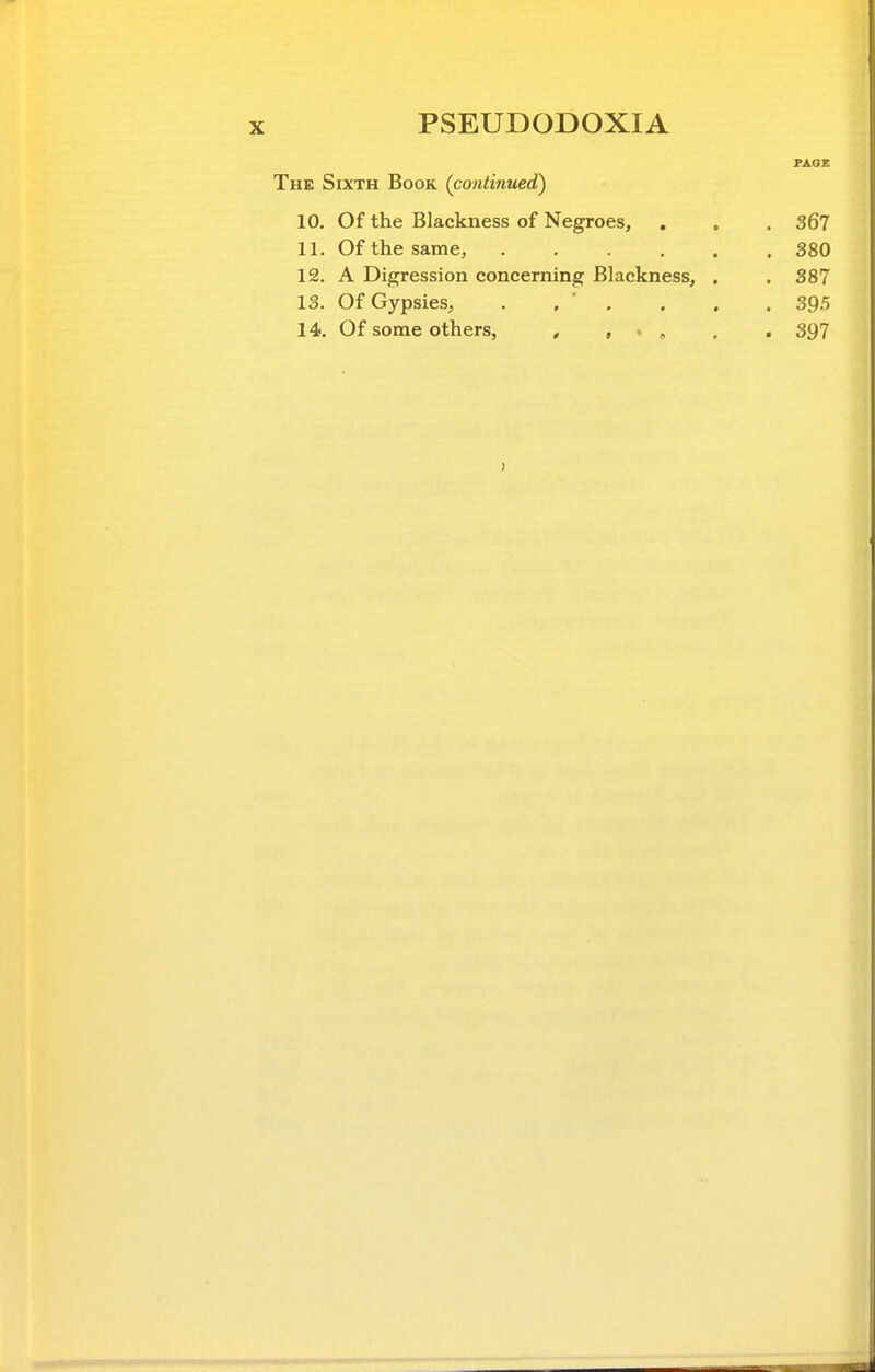 PAOE The Sixth Book (continued) 10. Of the Blackness of Negroes, . . 367 11. Of the same, ..... , 380 12. A Digression concerning Blackness, . . 387 13. Of Gypsies, . , ' . . 395