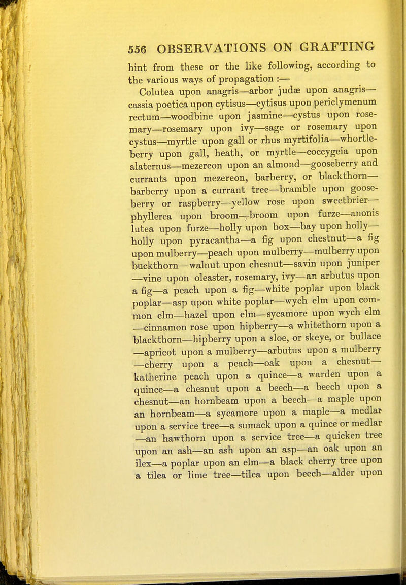 hint from these or the like following, according to the various ways of propagation :— Colutea upon anagris—arbor judae upon anagris— cassia poetica upon cytisus—cytisus upon periclymenum rectum—woodbine upon jasmine—cystus upon rose- mary—rosemary upon ivy—sage or rosemary upon cystus—myrtle upon gall or rhus myrtifolia—whortle- berry upon gall, heath, or myrtle—coccygeia upon alaternus—mezereon upon an almond—gooseberry and currants upon mezereon, barberry, or blackthorn— barberry upon a currant tree—bramble upon goose- berry or raspberry—yellow rose upon sweetbrier— phyllerea upon broom—broom upon furze—anonis lutea upon furze—holly upon box—bay upon holly- holly upon pyracantha—a fig upon chestnut—a fig upon mulberry—peacli upon mulberry—mulberry upon buckthorn—walnut upon chesnut—savin upon juniper —vine upon oleaster, rosemary, ivy—an arbutus upon a fig—a peach upon a fig—white poplar upon black poplar—asp upon white poplar—wych elm upon com- mon elm—hazel upon elm—sycamore upon wych elm cinnamon rose upon hipberry—a whitethorn upon a blackthorn—hipberry upon a sloe, or skeye, or bullace —apricot upon a mulberry—arbutus upon a mulberry —cherry upon a peach—oak upon a chesnut— katherine peach upon a quince—a warden upon a quince—a chesnut upon a beech—a beech upon a chesnut—an hornbeam upon a beech—a maple upon an hornbeam—a sycamore upon a maple—a medlar upon a service tree—a sumack upon a quince or medlar —an hawthorn upon a service tree—a quicken tree upon an ash—an ash upon an asp—an oak upon an ilex—a poplar upon an elm—a black cherry tree upon a tilea or lime tree—tilea upon beech—alder upon