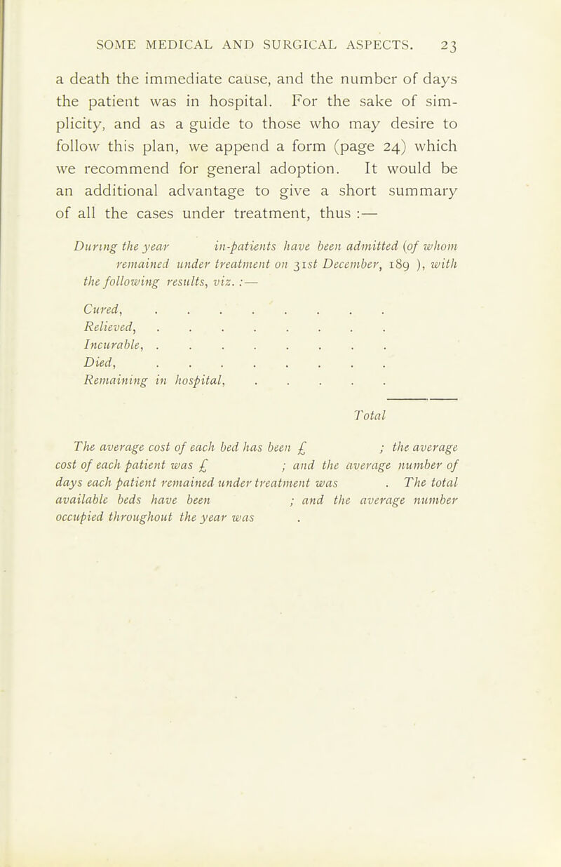 a death the immediate cause, and the number of days the patient was in hospital. For the sake of sim- plicity, and as a guide to those who may desire to follow this plan, we append a form (page 24) which we recommend for general adoption. It would be an additional advantage to give a short summary of all the cases under treatment, thus :— During the year in-patients have been admitted (of whom remained under treatment on 315^ December, 189 ), ivith the following results, viz. : — Cured, ........ Relieved, ........ Incurable, ........ Died, Remaining in hospital, ..... Total The average cost of each bed has been £ ; the average cost of each patient was £ ; and the average number of days each patient remained under treatment was . The total available beds have been ; and the average number occupied throughout the year was