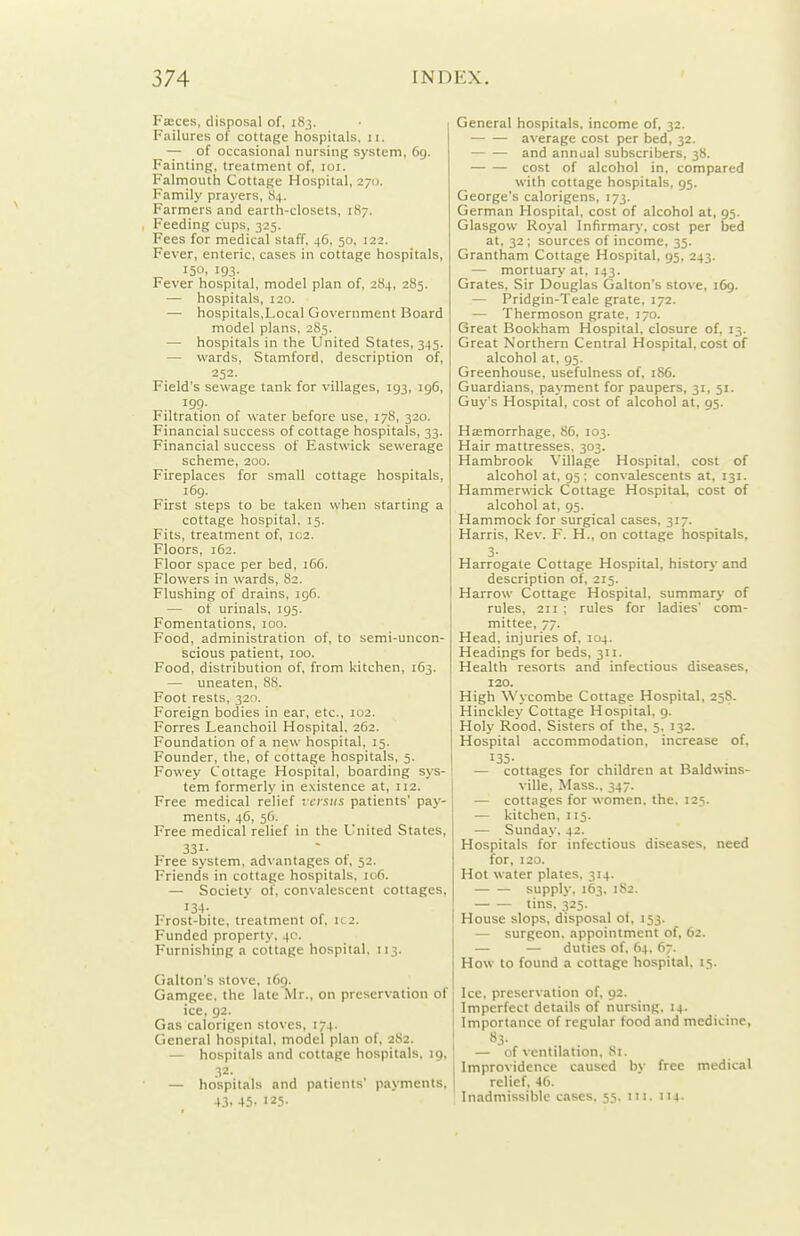 Fffices, disposal of, 183. Failures of cottage hospitals, 11. — of occasional nursing system, 69. Fainting, treatment of, loi. Falmouth Cottage Hospital, 270. Family prayers, 84. Farmers and earth-closets, 187. Feeding cups, 325. Fees for medical staff, 46, 50, 122. Fever, enteric, cases in cottage hospitals, 150, 193. Fever hospital, model plan of, 284, 285. — hospitals, 120. — hospitals,Local Government Board model plans, 285. •— hospitals in the United States, 345. — wards, Stamford, description of, 252. Field's sewage tank for villages, 193, 196, 199. Filtration of water before use, 178, 320. Financial success of cottage hospitals, 33. Financial success of Eastwick sewerage scheme, 200. Fireplaces for small cottage hospitals, i6g. First steps to be taken when starting a cottage hospital. 15. Fits, treatment of, IC2. Floors, 162. Floor space per bed, 166. Flowers in wards, 82. Flushing of drains, ig6. — of urinals, 195. Fomentations, 100. Food, administration of, to semi-uncon- scious patient, 100. Food, distribution of, from kitchen, 163. — uneaten, 88. Foot rests, 320. Foreign bodies in ear, etc., 102. Forres Leanchoil Hospital, 262. Foundation of a new hospital, 15. Founder, the, of cottage hospitals, 5. Fowey Cottage Hospital, boarding sys- tem formerly in existence at, 112. Free medical relief versus patients' pay- ments, 46, 56. Free medical relief in the United States, 331- Free system, advantages ot, 52. Friends in cottage hospitals, 106. — Society of, convalescent cottages, 134- Frost-bite, treatment of, ic2. Funded property, 40. Furnishing a cottage hospital. 113. Cialton's stove, 169. Gamgec, the late Mr., on preservation of ice, 92. Gas calorigen stoves, 174. General hospital, model plan of, 282. — hospitals and cottage hospitals, 19, 32. — hospitals and patients' payments, 43. 45. 125- General hospitals, income of, 32. average cost per bed, 32. and annual subscribers, 38. cost of alcohol in, compared with cottage hospitals, 95. George's calorigens, 173. German Hospital, cost of alcohol at, 95. Glasgow Royal Infirmary, cost per bed at, 32 ; sources of income, 35. Grantham Cottage Hospital, 95, 243. — mortuary at, 143. Grates, Sir Douglas Gallon's stove, 169. — Pridgin-Teale grate, 172. — Thermoson grate, 170. Great Bookham Hospital, closure of, 13. Great Northern Central Hospital, cost of alcohol at, 95. Greenhouse, usefulness of, 186. Guardians, payment for paupers, 31, 51. Guy's Hospital, cost of alcohol at, 95. Hemorrhage, 86, 103. Hair mattresses, 303. Hambrook Village Hospital, cost of alcohol at, 95; convalescents at, 131. Hammerwick Cottage Hospital, cost of alcohol at, 95. Hammock for surgical cases, 317. Harris, Rev. F. H., on cottage hospitals, 3- Harrogate Cottage Hospital, history and description of, 213. Harrow Cottage Hospital, summary of rules, 211 ; rules for ladies' com- mittee, 77. Head, injuries of, 104. Headings for beds, 311. Health resorts and infectious diseases, 120. High Wycombe Cottage Hospital, 258. Hinckley Cottage Hospital, 9. Holy Rood. Sisters of the, 5, 132. Hospital accommodation, increase of, 135- — cottages for children at Baldwins- ville, Mass., 347. — cottages for women, the. 125. — kitchen, 115. ■— Sunday. 42. Hospitals for infectious diseases, need for, 120. Hot water plates, 314. supply, 163, 182. tins, 325. House slops, disposal ol, 153. — surgeon, appointment of, 62. — — duties of. 64. 67. How to found a cottage hospital. 15. Ice, preservation of, 92. Imperfect details of nursing, 14. Importance of regular food and medicine, 83- — of ventilation, 81. Improvidence caused by free medical relief, 46. Inadmissible cases. 55. in. 114-