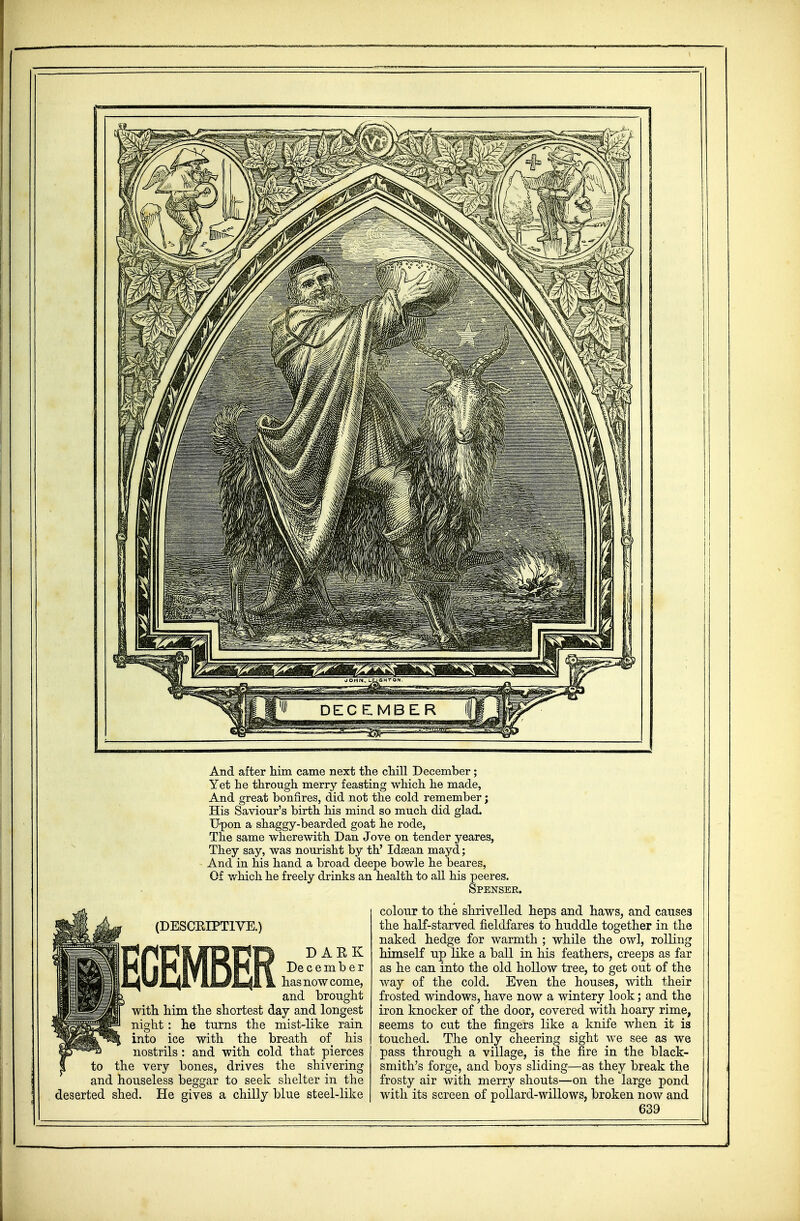 And after him came next the chill December; Yet he through merry feasting which he made, And great bonfires, did not the cold remember; His Saviour's birth his mind so much did glad. U-pon a shaggy-bearded goat he rode, The same wherewith Dan Jove on tender yeares, They say, was nourisht by th' Idsean mayd; And in his hand a broad deepe bowle he beares, Of which he freely drinks an health to all his peeres. Spenser. (DESCRIPTIVE.) ECEMBER DARK December has now come, and brought with him the shortest day and longest night: he turns the mist-like rain into ice with the breath of his nostrils: and with cold that pierces to the very bones, drives the shivering and houseless beggar to seek shelter in the deserted shed. He gives a chilly blue steel-like colour to the shrivelled heps and haws, and causes the half-starved fieldfares to huddle together in the naked hedge for warmth ; while the owl, rolling himself up like a ball in his feathers, creeps as far as he can into the old hollow tree, to get out of the way of the cold. Even the houses, with their frosted windows, have now a wintery look; and the iron knocker of the door, covered with hoary rime, seems to cut the fingers like a knife when it is touched. The only cheering sight we see as we pass through a village, is the fire in the black- smith's forge, and boys sliding—as they break the frosty air with merry shouts—on the large pond with its screen of pollard-willows, broken now and