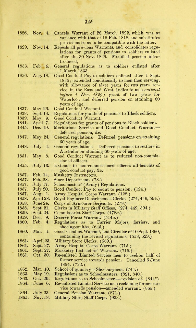 1826. Nov. 4. Cancels Warrant of 26 March 1822, wliicli was at variance with that of 16 Feb. 1818, and substitutes provisions so as to be compatible with the latter. 1829. Nov. 14. Repeals all previous Warrants, and consolidates regu- lations for gi'ants of pensions to soldiers enlisted after the 30 Nov. 1829, Modified pension intro- troduced, 1833. Feb. 6. General regulations as to soldiers enlisted after 1 March 1833. 1836. Aug. 18. Good Conduct Pay to soldiers enlisted after 1 Sept. 1836 ; extended conditionally to men then serving, with allowance of three years for tivo years ser- vice in the East and West Indies to men enlisted before 1 Dec. l82g; grant of two years for Waterloo; and deferred pension on attaining 60 years of age. 1837. May 26. Good Conduct Warrant. 1838. Sept. 14. Regulations for grants of pensions to Black soldiers. 1839. May 9. Good Conduct Warrant. 1841. April 7. Regulations for grants of pensions to Black soldiers. 1845. Dec. 19. Meritorious Service and Good Conduct Warrant— deferred pension, &c. 1847. May 24. General regulations. Deferred pensions on attaining 50 years of age. 1848. July 1. General regulations. Deferred pensions to settlers in Australia on attaining 60 years of age. 1851. May 8. Good Conduct Warrant as to reduced non-commis- sioned officers. 1855. July 13. Extends to non-commissioned officers all benefits of good conduct pay, &c. 1857. Feb. 14. Musketry Instructors. 1857. Feb. 28. Store Department. (78.) 1857. July 17. Schoolmasters' (Army) Regulations. 1857. July 20. Good Conduct Pay to count to pension. (124.) 1857. Aug. 1. Army Hospital Corps Warrant. (128.) 1858. April 28. Royal Engineer Department—Clerks. (274, 449, 594.) 1858. June 24. Corps of Armourer Serjeants. (278.) 1858. Sept. 21. Clerks in Military Staff Offices. (274, 449, 594.) 1859. Sept. 24. Commissariat Staff Corps. (478a.) 1859. Dec. 9. Reserve Force Warrant. (514a.) 1860. Feb. 4. Regulations as to Farrier Majors, farriers, and shoeing-smiths. (645.) 1860. Mar. 1. Good Conduct Warrant, and Circular of 10 Sept. 1860, containing the revised regulations. (558, 629.) 1861. April 23. Military Store Clerks. (689.) 1861. Sept. 27. Army Hospital Corps Warrant. (715.) 1861. Sept. 27. Musketry Instructors' Warrant. (716.) 1861. Oct. 30. Re-enlisted Limited Service men to reckon half of former service toAvards pension. Cancelled 6 June 1864. (722.) 1862. Mar. 10. School of gunnery—Shoeburyness. (744.) 1863. May 19. Regulations as to Schoolmasters. (821, 840.) 1863. Oct. 29. Regulations as to Schoolmasters—revision of. (844?) 1864. June 6. Re-enlisted Limited Service men reckoning former ser- vice towards pension—amended warrant. (865.) 1864. July 23, General Pension Warrant. (871.) 1865. Nov. 18. Militarpr Store Staff Corps. (933.)