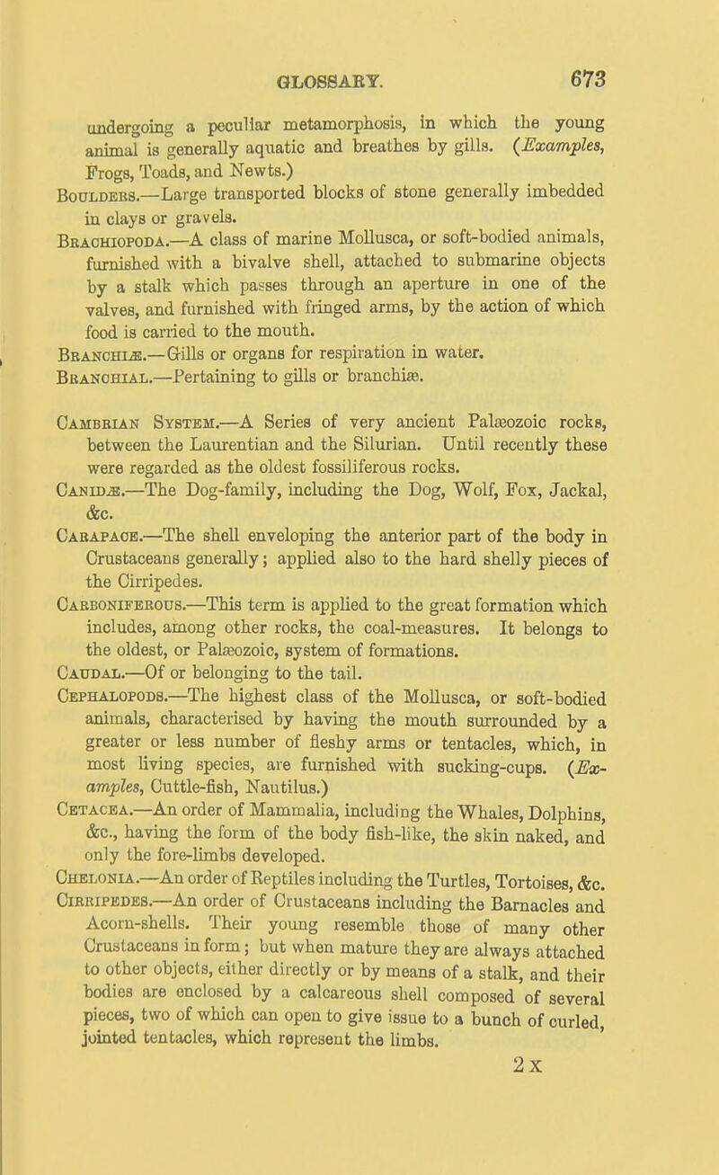 undergoing a peculiar metamorphosis, In which the young animal is generally aquatic and breathes by gills. {Examples, Progs, Toads, and Newts.) Boulders.—Large transported blocks of stone generally imbedded in clays or gravels. Beaohiopoda.—A class of marine Mollusca, or soft-bodied animals, furnished with a bivalve shell, attached to submarine objects by a stalk which passes through an aperture in one of the valves, and furnished with fiinged arms, by the action of which food is carried to the mouth. BaANCHiiE.—Gills or organs for respiration in water. Branchial.—Pertaining to gills or branchias. Cambrian System.—A Series of very ancient Palteozoic rocks, between the Laurentian and the Silxirian. Until recently these were regarded as the oldest fossiliferous rocks. CANiDiE.—The Dog-family, including the Dog, Wolf, Fox, Jackal, &c. Carapace.—The shell enveloping the anterior part of the body in Crustaceans generally; applied also to the hard shelly pieces of the Cirripedes. Carboniferous.—This term is applied to the great formation which includes, among other rocks, the coal-measures. It belongs to the oldest, or Pal£eozoic, system of formations. Caudal.—Of or belonging to the tail. Cephalopods.—The highest class of the Mollusca, or soft-bodied animals, characterised by having the mouth surrounded by a greater or less number of fleshy arms or tentacles, which, in most living species, are furnished with sucking-cups. {Ex- amples, Cuttle-fish, Nautilus.) Cetacea.—An order of Mammalia, including the Whales, Dolphins, &c., having the form of the body fish-like, the skin naked, and only the fore-limbs developed. Chelonia.—An order of Keptiles including the Turtles, Tortoises, &c. Cirripedes.—An order of Crustaceans including the Barnacles and Acorn-shells. Their young resemble those of many other Crustaceans in form; but when mature they are always attached to other objects, either directly or by means of a stalk, and their bodies are enclosed by a calcareous shell composed of several pieces, two of which can open to give issue to a bunch of curled jointed tentacles, which represent the limbs. ' 2X