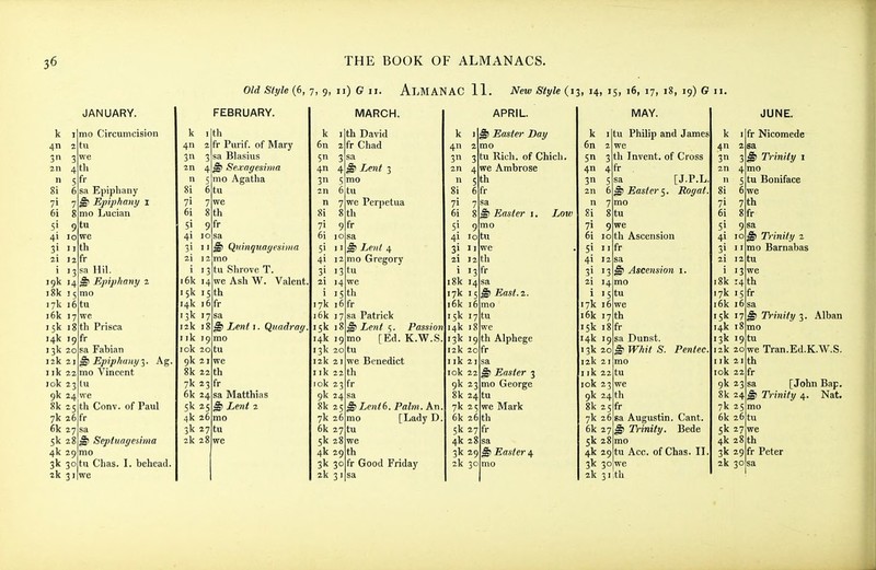 Old Style (6, 7, 9, 11) G u. AlMANAC 11. New Style (13, 14, 15, 16, 17, 18, 19) G 11. k 411 3 an n 8i 7> 6i JANUARY. mo Circumcision tu we 4 til 5 ft- 51 9 10 11 12 1 13 19k 14 i8k 15 17k I 16k 17 15k 14k 19 13k 20 12k 21 1 ik 22 lok 23 9k 24 8k 25 7k 6k 27 5k 28 4k 29 3k 2k 31 26 fr sa Epiphany ^ Epiphany i mo Lucian tu we th fr sa Hil. ^ Epiphany 2 mo 6tu 8 th we Prisca fr sa Fabian ^Epiphatiyi. Ag. mo Vincent tu we th Conv. of Paul 30 tu ^ Septuagesirna mo Chas. I. behead. k 4 3n 2n 8i 6tu 71 6i FEBRUARY. th fr Purif. of Mary sa Blasius 4 ^ Se.vagesinia mo Agatha 8 th 51 4i 10 2i 12 i 13 i6k 14 15k , 14k I 13k 17 12k I I ik 19 lok 20 9k 21 8k 22 7k 23 6k 24 5k 4k 26 3k 27 2k 28 9fr ^ Quinquayesima mo tu Shrove T. we Ash W. Valent 5 th 6fr sa 8 ^ Lent 1. Quadray mo tu we th fr sa Matthias Lent 2 mo tu we ^5^ k I 6n 2 51 3 4n 4 3 5 2n n 8i MARCH. th David fr Chad I Le}it 3 o 6tu we Perpetua 8 th 71 6i JO 51 41 31 2i i 9fr 17k 1 16k 17 15k 14k 19 13k 20 12k 21 I ik 22 I ok 23 9k 24 8k 2 7k 26 6k 5k 28 4k 2 3k 30 2k 3 ^ Lent 4 mo Gregory tu we th 6fr sa Patrick ^ Lent 5. Passion mo [Ed. K.W.S tu we Benedict th fr sa 5 ^ Lent6. Palm. An. mo [Lady D. 7 tu 8 we 9 th fr Good Friday sa 4 3 2n APRIL. ^ Easter Day mo tu Rich, of Chicli we Ambrose th sa 8i 6fr 71 7 6i 8 51 41 31 II 21 12 i 13 i8k 14 17k 15 i6k 16 15k I 14k .3k 12k 20 I ik 21 lok 22 9k 23 8k 7k 25 6k 5k 27 4k 28 3k 2 2k 30 Easter 1, Low lo tu we th fr • East. 2. o 7 tu we 19 th Alphege fr sa Easter 3 mo George 24 tu we Mark 26 th fr sa 9 ^ Easter 4 mo k 6n 511 4n 3n 2n MAY. tu Philip and James we Invent, of Cross 3 th 4fr 5 6 [J.P.L. ^ Easter^. Royat. mo 8i 8tu 9 10 11 12 13 14 15 17k 16 i6k 17 th 15k 18 fr 14k 19 13k 20 12k 21 I ik 22 lok 23 9k 24 th 8k 25 fr 7k 26 6k 27 5k 28 we th Ascension fr sa Ascension i. mo tu we sa DuDst. ^ Whit S. mo tu we Pen tec. sa Augustin. Cant. ^ Trinity. Bede mo 4k 29 tu Acc. of Chas. II 3k 30 we 2k 3iith k I 4n 2 3 3 2n 4  5 6 JUNE. fr Nicomede sa ^ Trinity 1 mo tu Boniface we 7 th 8fr Trinity 2 mo Barnabas tu we 4 th 5fr 26 tu 28 th 9 tu i8k I 17k I i6k 16 15k 17 14k 18 13k 1 12k 20 I ik 21 lok 22 9k 23 8k 24 7k 25 6k 5k 27 4k - 3k 29 fr Peter 2k 30 TVinity 3. Alban we Tran.Ed.K.W.S. th fr sa [John Bap. ^ Trinity 4. Nat. mo