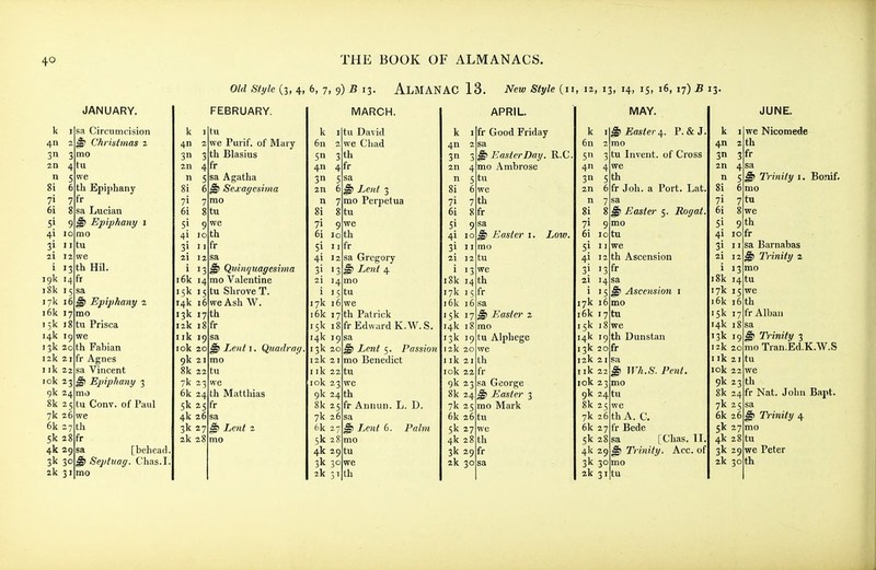 Old Style (3, 4, 6, 7, 9) B 13. AlMANAC 13. New Style (11, 12, 13, 14, 15, 16, 17) B 13. k I 411 2 3 7fr 2n 4 tu n 51 8i 6 th Epiphany ?• 6i 51 9 4! 10 3i 11 zi 12 1 13 19k I 18k 15 17k 16 i6k 17 .;k , 14k 19 13k 20 12k 21 I ik 22 I ok 23 gk 24 8k 25 7k 26 6k 27 5k 4k 29 3k 30 2k 31 4fr 28 fr JANUARY. sa Circumcision ^ Christmas 2 mo sa Lucian ^ Epiphany i mo tu we th HU. 8 tu Epiphany 2 mo Prisca we th Fabian fr Agnes sa Vincent ^ Epiphany 3 mo tu Conv. of Paul th [behead, ' Septvag. Chas.I. k 4 2n FEBRUARY. tu we Purif. of Mary 3 th Blasius 4fr sa Agatha 6 ^ Sexaycsima rao gtu we th fr sa ^ Quinquagesima mo Valentine tu Shrove T. we Ash W. 71 61 5| 9 4! 10 31 11 2i 12 i 13 i6k 14 15k 15 14k 16 13k 12k 18 I ik 19 I ok 20 9k 21 8k 22 7k 23 6k 24 th Matthias 5k 25 4k 26 3k 27 2k 28 7 th fr sa Lent 1. Quadrag. mo tu we fr & Lent 2 mo k 6n 5' 4n 3 5 2n 6 n 7 3 th 4fr ^ Lent 3 mo Perpetua 8tu '3 •4 15 17k 16 16k 17 15k I 14k 19 13k 20 12k 21 I ik 22 ok 23 9k 24 th 8k 7k 26 6k 27 5k 28 4k 2 3k 30 2k MARCH. tu David we Chad we th fr sa Gregory ^ Lent 4 mo tu we th Patrick 8 fr Edward K. W. S. sa ^ Lent 5. Passion mo Benedict tu wc 5 fr Annun. L. D. sa ^ Lent 6. Palm mo 9 tu we th k 4n 3n 2n n 8i 71 61 8fr 51 9 4! 10 3I II 2I 12 i 13 i8k 14 17k IS i6k 16 15k 17 14k 18 13k 19 12k 20 I ik 21 lok 22 9k 23 8k 24 7k 25 6k 5k 27 4k 3k 2 2k 30 APRIL. fr Good Friday sa ^ Easter Day. R.C mo Ambrose tu we th ^ Easter 1. Low. mo tu we th fr sa ^ Easter 2 mo tu Alphege we th fr sa George Easter 3 mo Mark 26 tu we 8 th 9 fr k I 6n 2 5 3 4 3 2n n MAY. ^ Easter^. P. & J, mo tu Invent, of Cross we 13 '4 '5 17k 16 16k 15k 18 14k 13k 20 12k 21 I ik 22 lok 23 9k 2 8k 25 7k 2 6k 27 5k 28 4k 29 3k 30 ak 31 5 th 6 fr Joh. a Port. Lat, sa ^ Easter 5. Rogat. mo tu we th Ascension fr sa Ascension i mo 7 tu we 9 th Dunstan fr IVh.S. Pent. mo 4 tu we 6 th A. C. fr Bede sa [Chas. II ^ Trinity. Ace. of mo tu 4n 3n 2n n 81 7j 61 51 9 4I 10 31 II 2I 12 Trinity 1. Bonif. 1 13 i8k I 17k 15 i6k 15k 17 14k 18 13k 19 12k 20 Ilk 21 lok 22 9k 23 8k 24 7k 25 6k 26 5k 27 4k 28 3k 2 ak 3fr 4 5 6 7 tu we th fr sa Barnabas Trinity 2 mo JUNE. we Nicomede th 4 tu 5 we 6 th fr Alban sa ^ Trinity 3 mo Tran.Ed.K.W.S tu we th fr Nat. John Bapt. Trinity 4 mo tu 9 we Peter 30 th