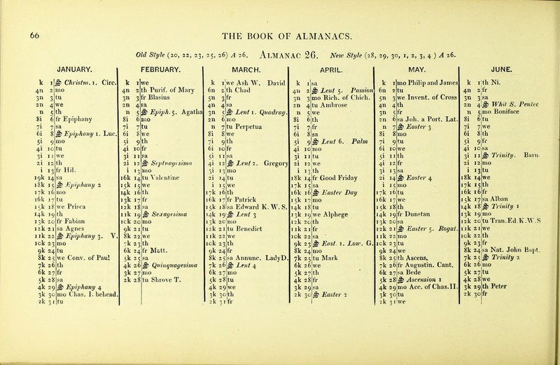 Old Style (20, 22, 23, 25, 26) A 26. Al-MANAC 2G. Ne^v Style (28, 29, 30, i, 2, 3, 4 ) ^ 26. k 311 2n n 8i 71 6i 51 41 31 2i JANUARY. ij& CAcis/»(. I. Circ. 2 mo 3 tu 4 we 5 th 6 fr Epiiihany 7 sa fi) E2'iphany i. Luc mo io|tu we th fr Hil. Ejiipltamj 2 nio tu we Prifca th fr Fabian sa Agnes ^ Ejiipltany 3. mo 1 13 19k 14 i8k 15 17k ]6 i6k 17 15k 1? 14k 19 J3k 20 12k 21 1 ik 22 ick 23 9k 24 tu 8k 25 we Conv. of Paul 7k 26 th 6k 27 fr 5k 2Ji 4k 29 ^ Epiphany 4 3k 30 mo Clias. 1. behead 2k 3 1 tu k 4n 2n FEBRUARY. we th Purif. of Mary 3 fr Blasius 4Ea 5 ^ Epip/i.^. Agatha ) mo 7 tu 9 th 16k 15k 15 14k 13k 17 12k 18 Ilk I ick 20 9k 21 8k 22 7k 2 6k 2 5k 25 4k 26 3k 27 2k 4tu fr sa ^ Stptiioi/i simit mo ViiU iitine we 6 th fr sa ^ Sexayninia mo tu we 3 th 4fr Ir Matt. Quinquagesima mo 28 tu Shrove T. MARCH. 1 vve Ash W. David 2 th Chad sa ft) Lent 1. Qvadrag. mo 7 tu Pei petua we 9 th fr sa ^Lentz. Gregory mo 14 tu i J5 W'e 17k 16 th 16k 17 fr Patrick 15k iSlsa Edward K.M^S. 14k 19'^ Lent 3 13k 20 k 21 I ik 22 ick 23 til 9k 24 fr 8k 25 tu Benedict we sa Annunc. LadyD. 7k 26 ^ Lent 4 6k 27 5k 28 4k 29 3k 30 2k 31 mo tu we th fr 411 3n 2n n 81 71 6i 51 41 31 i8k 17k 16k 15k 14k 13k 12k Ilk 10k 9k 8k 7k 6k 5t 4k 3k 2k APRIL. Lent 5. Passion 3 mo Rich, of Chich 4 tu Ambrose 5 we 6 th fr 9 ^ Lent 6. mo tu 12 we 13 th 14 fr Good Friday sa ^ Easter Day mo tu we Alphege th fr sa ' ^ East. 1. Lov mo tu Mark we th 28 fr sa ^ Easter 1 I Palm k 6n 511 4n 3n 2n 6 n 7 81 8 4 th 5fr 9 tu 26 fr 5k 28^ 4k 29 3k 2k 3 I MAY. mo Philip and James tu we Invent, of Cross sa Joh. a Port. Lat. ^ Easter 3 mo i Easter 4 6tu 8 th 51 II 4! 12 3> 13 2I 14 17k I 16k 17 I 5k 1 i4k 19 fr Dunstan 13k 20 12k 21 1 ik 22 ick 23 9k 24 8k 2 7k 6k 27 ^ Easter 5. Roy at. mo tu we 5 th Ascens. Augustin. Cant, a Bede Ascension i mo Acc. of Chas.ll 30 tu we JUNE. k i|th Nl. 4n 2ifr 3n 3 sa 2n 4!^ Whil S. Fenlec n 5 mo Boniface 81 6tu 71 . 6i 8 th 51 41 10 9f jg) Trinity. Barn mo i 13 tu 18k 14 we 17k 15 th 16k 16 fr 15k 17 sa Alban 14k i8l^ Trinity i 3k i9:mo 12k 20 1 ik 21 10k 22 9k 23 fr tuTran.Ed.K.^V.S we th sa Nat. John Bapt. ^ Trinity 2 8k 24 7k 25 6k 26 mo 5k 27 tu 4k 28 we 3 k 29 th Peter 2 k 30 fr