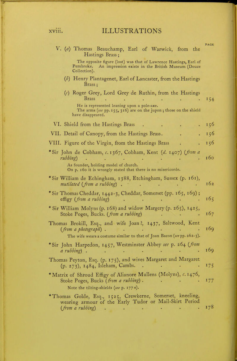 PAGE V. {a) Thomas Beauchamp, Earl of Warwick, from the Hastings Brass; The opposite figure (lost) was that of Lawrence Hastings, Earl of Pembroke. An impression exists in the British Museum (Douce Collection). {6) Henry Plantagenet, Earl of Lancaster, from the Hastings Brass; (f) Roger Grey, Lord Grey de Ruthin, from the Hastings Brass . . . . . . 154 He is represented leaning upon a pole-axe. The arms {see pp. 155, 316) are on the jupon ; those on the shield have disappeared. VL Shield from the Hastings Brass . . . .156 VIL Detail of Canopy, from the Hastings Brass. . .156 Vin. Figure of the Virgin, from the Hastings Brass . .156 *Sir John de Cobham, c. 1367, Cobham, Kent (J. 1407) (from a rubbing . . . . . . .160 As founder, holding model of church. On p. 160 it is wrongly stated that there is no misericorde. *Sir William de Echingham, 1388, Etchingham, Sussex (p. 161), mutilated {Jrom a rubbing) , . . . .162 * Sir Thomas Cheddar, 1442-3, Cheddar, Somerset (pp. 165, 169) ; effigy (Jrom a rubbing) . , . . .165 * Sir William Molyns (p. 168) and widow Margery (p. 265), 1425, Stoke Poges, Bucks, (from a rubbing) . . .167 Thomas Brokill, Esq., and wife Joan?, 1437, Saltwood, Kent (Jrom a photograpK) . . . . . . 169 The wife wears a costume similar to that of Joan Bacon (^eepp. 262-3). *Sir John Harpedon, 1457, Westminster Abbey see p. 264 {from a rubbing . . . . . • .169 Thomas Peyton, Esq. (p. 175), and wives Margaret and Margaret (p. 273), 1484, Isleham, Cambs. . . • • ^7S ♦Matrix of Shroud Effigy of Alianore Mullens (Molyns), c. 1476, Stoke Poges, Bucks ra/^^/«^) . . • •'^77 Note the tilting-shields (see p. 177 «)• * Thomas Golde, Esq., 1525, Crewkerne, Somerset, kneeling, wearing armour or the Early Tudor or Mail-Skirt Period (Jrom a rubbing) . . • • • .178