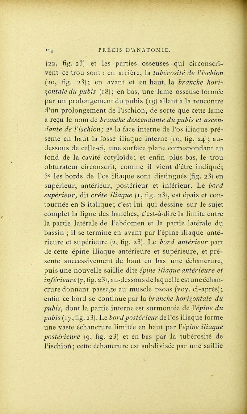 (22, fig. 23) et les parties osseuses qui circonscri- vent ce trou sont : en arrière, la tiibérosité de l'ischion (20, fig. 23) ; en avant et en haut, la branche ho?'i~ \ontale du pubis (18); en bas, une lame osseuse formée par un prolongement du pubis (19) allant à la rencontre d'un prolongement de l'ischion, de sorte que cette lame a reçu le nom de branche descendante du pubis et ascen- dante de l'ischion; 2° la face interne de l'os iliaque pré- sente en haut la fosse iliaque interne (10, fig. 24); au- dessous de celle-ci, une surface plane correspondant au fond de la cavité cotyloïde; et enfin plus bas, le trou obturateur circonscrit, comme il vient d'être indiqué; 3» les bords de l'os iliaque sont distingués (fig, 23) en supérieur, antérieur, postérieur et inférieur. Le bord supérieur, dit crête iliaque (i, fig. 23), est épais et con- tournée en S italique; c'est lui qui dessine sur le sujet complet la ligne des hanches, c'est-à-dire la limite entre la partie latérale de l'abdomen et la partie latérale du bassin ; il se termine en avant par l'épine iliaque anté- rieure et supérieure (2, fig. 23). Le bord antérieur part de cette épine iliaque antérieure et supérieure, et pré- sente successivement de haut en bas une échancrure, puis une nouvelle saillie dite épine iliaque antérieure et inférieure (7, fig. 23), au-dessous delaquelle estuneéchan- crure donnant passage au muscle psoas (voy. ci-après) ; enfin ce bord se continue par la branche horizontale du pubis, dont la partie interne est surmontée de Vépijie du pubis {ij,ûg. 2 3). Le bord postérieur de Vos iliaque forme une vaste échancrure limitée en haut par Vépine iliaque postérieure (9, fig. 23) et en bas par la tubérosité de l'ischioii; cette échancrure est subdivisée par une saillie