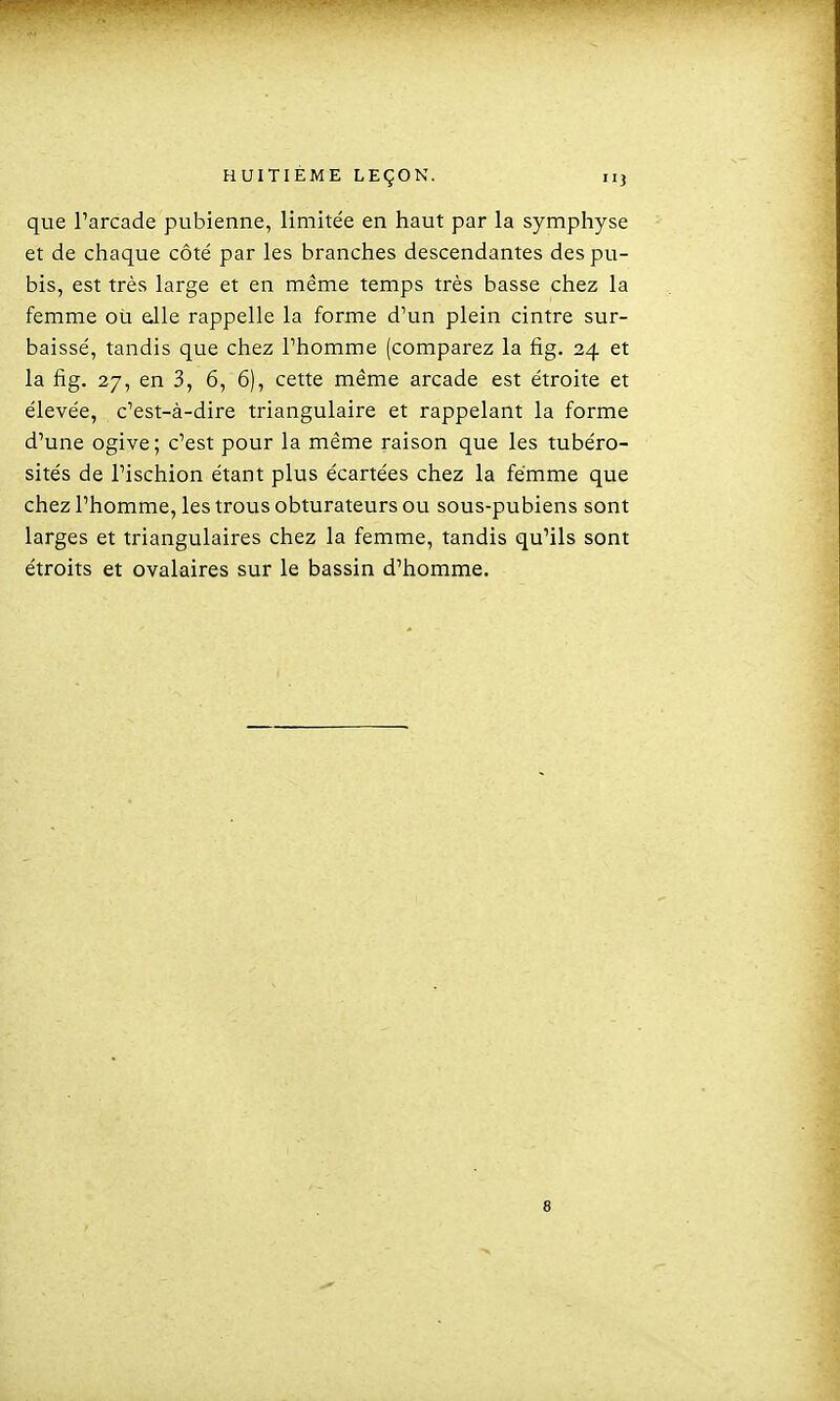 que l'arcade pubienne, limitée en haut par la symphyse et de chaque côté par les branches descendantes des pu- bis, est très large et en même temps très basse chez la femme oîi elle rappelle la forme d'un plein cintre sur- baissé, tandis que chez l'homme (comparez la fig. 24 et la fig. 27, en 3, 6, 6), cette même arcade est étroite et élevée, c'est-à-dire triangulaire et rappelant la forme d'une ogive; c'est pour la même raison que les tubéro- sités de l'ischion étant plus écartées chez la femme que chez l'homme, les trous obturateurs ou sous-pubiens sont larges et triangulaires chez la femme, tandis qu'ils sont étroits et ovalaires sur le bassin d'homme. 8