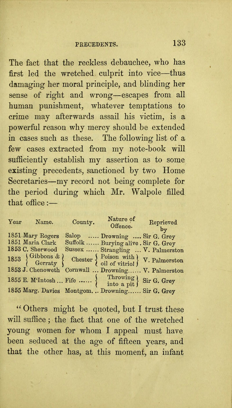 The fact that the reckless debauchee, who has first led the wretched culprit into vice—thus damaging her moral principle, and blinding her sense of right and wrong—escapes from all human punishment, whatever temptations to crime may afterwards assail his victim, is a powerful reason why mercy should be extended in cases such as these. The following list of a few cases extracted from my note-book will sufficiently establish my assertion as to some existing precedents, sanctioned by two Home Secretaries—my record not being complete for the period during which Mr. Walpole filled that office:— Year Name. County. Nature of Reprieved ence. 1851 Mary Eogers Salop Drowning .... Sir G. Grey 1851 Maria Clark Suffolk Burying alive . Sir G. Grey 1853 C. Sherwood Sussex Strangling ... V. Palmerston 1853 J. Chenoweth Cornwall ... Drowning V. Palmerston 1855 R M'Intosh ... Fife | } Sir G. Grey 1855 Marg. Davies Montgom. .. Drowning Sir G. Grey Others might be quoted, but I trust these will suffice; the fact that one of the wretched young women for whom I appeal must have been seduced at the age of fifteen years, and that the other has, at this moment, an infant