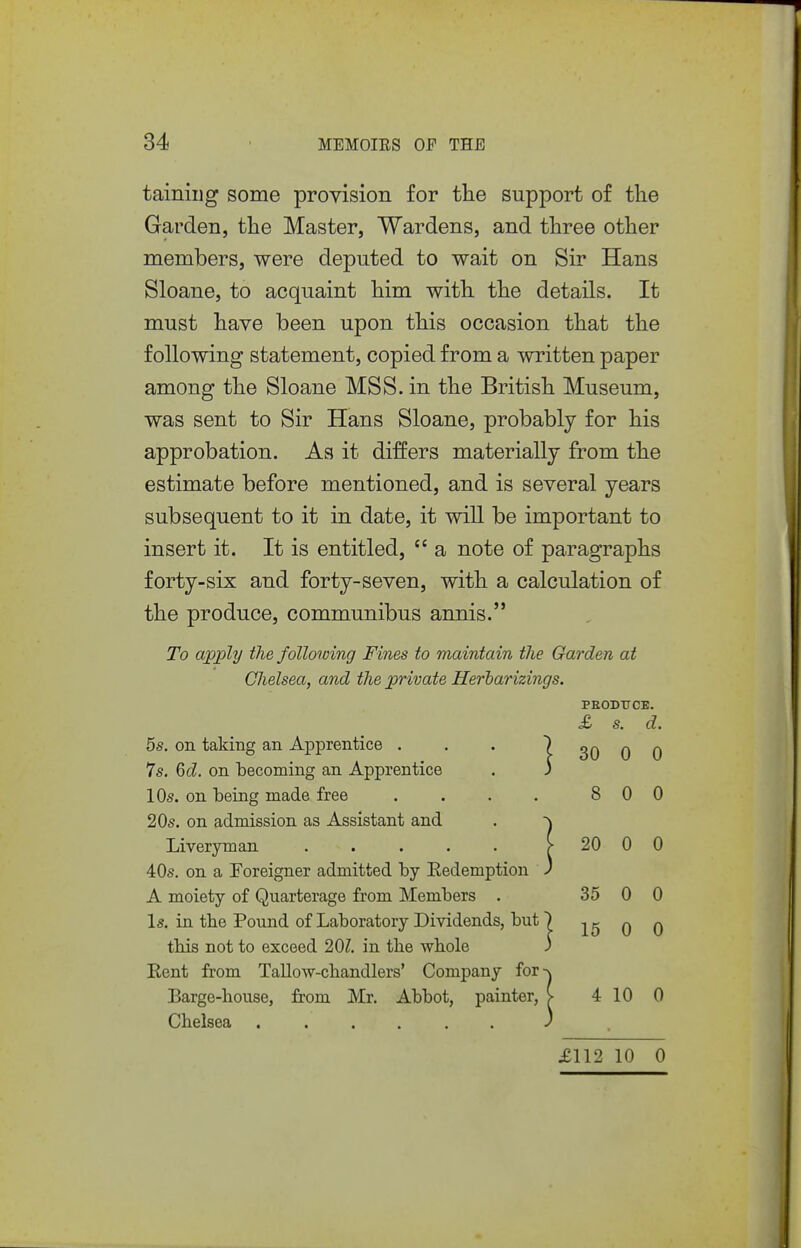 tainiiig some provision for the support of the Garden, the Master, Wardens, and three other members, were deputed to wait on Sir Hans Sloane, to acquaint him with the details. It must have been upon this occasion that the following statement, copied from a written paper among the Sloane MSS. in the British Museum, was sent to Sir Hans Sloane, probably for his approbation. As it differs materially from the estimate before mentioned, and is several years subsequent to it in date, it will be important to insert it. It is entitled,  a note of paragraphs forty-six and forty-seven, with a calculation of the produce, communibus annis. To apply the following Fines to maintain the Garden at Chelsea, and the private Herharizings. PEODTJCE. £ s. d. 5s. on taking an Apprentice . . . | 30 0 0 7s. Qd. on becoming an Apprentice . 3 10s. on being made free . . . , 8 0 0 20s. on admission as Assistant and . -\ Liveryman . . . . . > 20 0 0 40s. on a Foreigner admitted by Eedemption ) A moiety of Quarterage from Members . 35 0 0 Is. in the Pound of Laboratory Dividends, but) 15 q 0 ibis not to exceed 20?. in the whole 3 Eent from TaUow-chandlers' Company for-\ Barge-house, from Mr. Abbot, painter, [■ 4 10 0 Chelsea ...... £112 10 0