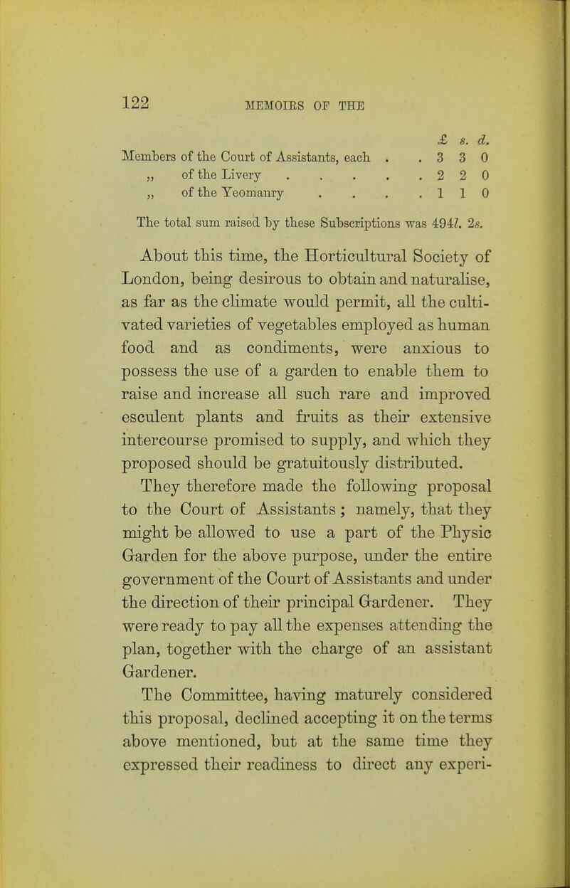 £ s. d. Members of the Court of Assistants, each . .330 „ of the Livery 2 2 0 „ of the Yeomanry . . . .110 The total sum raised by these Subscriptions was 494Z. 2s, About this time, the Horticultural Society of London, being desirous to obtain and naturalise, as far as the climate would permit, all the culti- vated varieties of vegetables employed as human food and as condiments, were anxious to possess the use of a garden to enable them to raise and increase all such rare and improved esculent plants and fruits as their extensive intercourse promised to supply, and which they proposed should be gratuitously distributed. They therefore made the following proposal to the Court of Assistants ; namely, that they might be allowed to use a part of the Physic Garden for the above purpose, under the entire government of the Court of Assistants and under the direction of their principal Gardener. They were ready to pay all the expenses attending the plan, together with the charge of an assistant Gardener. The Committee, having maturely considered this proposal, declined accepting it on the terms above mentioned, but at the same time they expressed their readiness to direct any experi-