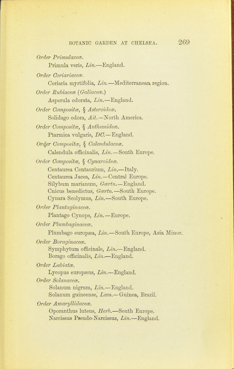 Order Primulacece. Primula veris, Lin.—England. Order CoriariacecB. Coriaria myrtifolia, Lin.—Mediterranean region. Order Bubiacece (Galiacece.) Asperula odorata, Lin.—England. Order Compositce, § Asteroidece. Solidago odora, Ait. —North America. Order Compositce, § Anthemidece. Ptarmica vulgaris, DG.—England. Ordi,er Compositce, § Calendulacece. Calendula officiaalis, Lin. — South Europe. Order Compositce, § Cynaroidece. Centaurea Centaurium, Lin.—Italy. Centaurea Jacea, Lin.—Central Europe. Silybum marianum, Gcertn.—England. Cnicus henedictus, Gcertn.—South Europe. Cynara Scolymus, Lin.—South Europe. Order Plantaginacece. Plantago Cynops, Lin.—Europe. Order Plumbaginacece. Plumbago europsea, Lin.—South Europe, Asia Minor. Order Boraginacece. Symphytum officinale, Lin.—England. Borago officiaalis, Lin.—England. Order Labiates. Lycopus europffius, lAn.—England. Order Solanacece. Solanum nigrum, Lin.—England. Solanum guiueense. Lam.— Guinea, Brazil. Order Amaryllidacece. Oporanthus luteus, Herb.—South Europe. Narcissus Pseudo-Narcissus, Lin.—England.