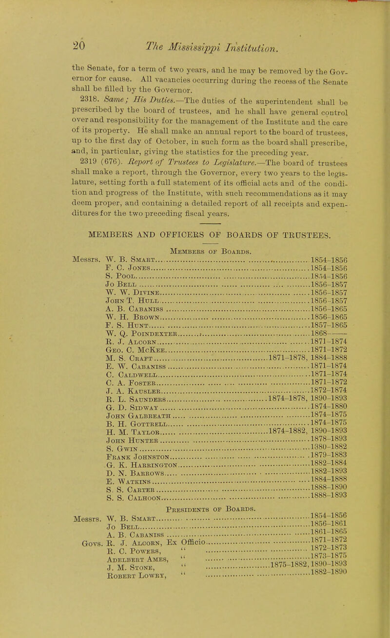 tlie Senate, for a term of two years, and he may be removed by the Gov- ernor for cause. All vacancies occurring during the recess of the Senate shall be filled by the Governor. 2318. Same; His Duties.—dLwties of the superintendent shall be prescribed by the board of trustees, and he shall have general control over and responsibility for the management of the Institute aud the care of its property. He shall make an annual report to the board of trustees, up to the first day of October, in such form as the board shall prescribe, aud, in particular, giving the statistics for the preceding year. 2319 (67G). Meportof Trustees to Legislature.—The hoard ot trustees shall make a report, through the Governor, every two years to the legis- lature, setting forth a full statement of its official acts and of the condi- tion and progress of the Institute, with such recommendations as it may deem proper, and containing a detailed report of all receipts and expen- ditures for the two preceding fiscal years. MEMBEKS AND OFFICERS OF BOARDS OF TRUSTEES. Membees of Boaeds. Messrs. W. B. Smaet 1854-1856 F. C. Jones 1854-1856 S. Pool 1854-1856 Jo Bell 1856-1857 W. W. Divine 1856-1857 JohnT. Hull 1856-1857 A. B. Cabaniss 1856-1865 W. H. Beown 1856-1865 F. S. Hunt 1857-1865 W. Q. POINDEXTEE , , 1868 R. J. Alcoen 1871-1874 Geo. C. McKee 1871-1872 M. S. Ceaft 1871-1878, 1884-1888 E. W. Cabaniss 1871-1874 C. Caldwell 1871-1874 C. A. FosTEE 1871-1872 J. A. Kauslee 1872-1874 R. L. Saundees 1874-1878, 1890-1893 G. D. SiDWAT 1874-1880 John Galbeeath 1874-1875 B. H. Gotteell 1874-1875 H. M. Tatloe 1874-1882, 1890-1893 John Huntee 1878-1893 S. GwiN 1880-1882 Feank Johnston 1879-1883 G. K. Haerington 1882-1884 D. N. Baeeows 1882-1893 E. Watkins ^^^^'■■^on^ S.S. Caetee ]lll']m^ S. S. Calhoon.. 1888-189J Peesidents of Boaeds. Messrs. W. B. Smaet Jor^ior? Jo Bell ]tn~]l% A.B. Cabaniss . mo Govs. R. J. Alcoen, Ex Officio ^0-^01070 R. C. PowEES,  It^i y ^i Adelbeet Ames,  Vo^-c'Noio ison ik<)<? J. M. Stone,  ^^'^^^ ^S9ls90 Robeet Lowby,  1882-1890