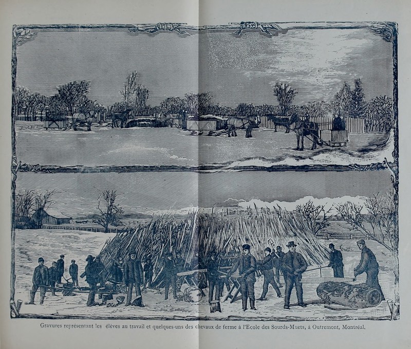 Gravures representain les eleves au travail et quelques-uns des chevaux de ferine a I'Ecole des Sourds-Muets, a Outremont, Montreal,