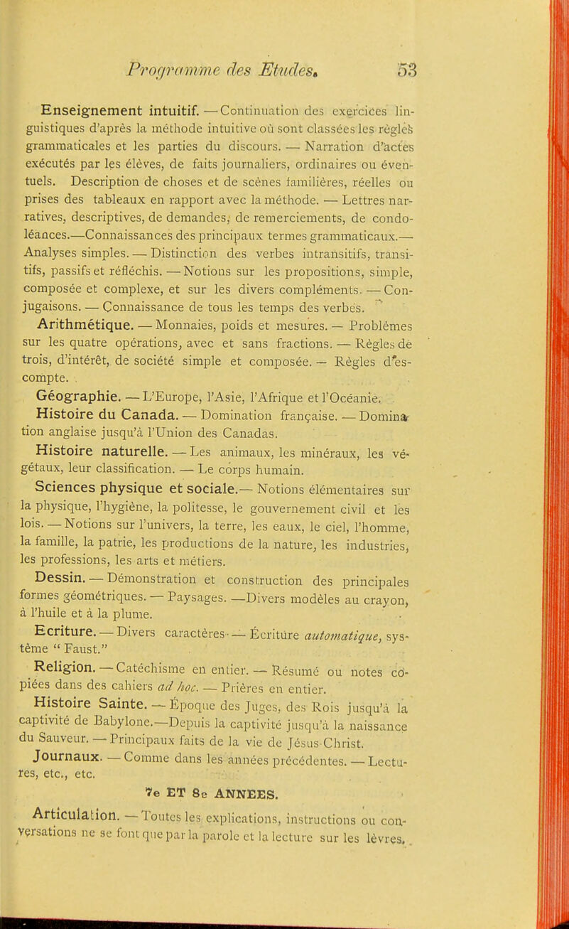 Enseignement intuitif.—Continuation des cxercices lin- guistiques d'apres la methode intuitive ou sont classees les regleh grammaticales et les parties du discours. — Narration d'jictes executes par les eleves, de faits journaliers, ordinaires ou 6ven- tuels. Description de choses et de scenes familieres, reelles ou prises des tableaux en rapport avec la methode. — Lettres nar- ratives, descriptives, de demandes,' de remerciements, de condo- Idances.—Connaissances des principaux termes grammaticaux.— Analyses simples. — Distinction des verbes intransitifs, transi- tifs, passifset reflechis. —Notions sur les propositions, simple, composee et complexe, et sur les divers complements. —Con- jugaisons. — Connaissance de tous les temps des verbes. Arithmetique. — Monnaies, poids et mesures. — Probldmes sur les quatre operations, avec et sans fractions. — Regies de trois, d'interSt, de societe simple et composee. — Regies d'es- compte. Geographic. — L'Europe, I'Asie, I'Afrique et I'Oceanie. Histoire du Canada. — Domination fran9aise. — DominOf tion anglaise jusqu'a I'Union des Canadas. Histoire naturelle. — Les animaux, les mineraux, les ve- getaux, leur classification. — Le corps humain. Sciences physique et sociale.— Notions elementaires sur la physique, Fhygiene, la politesse, le gouvernement civil et les lois. —Notions sur I'univers, la terre, les eaux, le ciel, I'homme, la famille, la patrie, les productions de la nature, les industries, les professions, les arts et metiers. Dessin. — Demonstration et construction des principales formes geom^triques. — Paysages. —Divers modeles au crayon, a I'huile et a la plume. Ecriture. — Divers caracteres • — Ecriture automatique, sys- t^me  Faust. Religion. — Catechisme en eniier. — Resume ou notes cd- piees dans des cahiers ad hoc. — Prieres en entier. Histoire Sainte. — Epoque des Juges, des Rois jusqu'a la captivite de Babylone.—Depuis la captivite jusqu'a la naissance du Sauveur. — Principaux faits de la vie de Jesus-Christ. Journaux. — Comme dans les annees precedentes.— Lectu- res, etc., etc. 'J'e ET 8e ANNEES. Articulation. — Toutes les explications, instructions ou coa- Versations ne se font que par la parole et la lecture sur les l^vres,