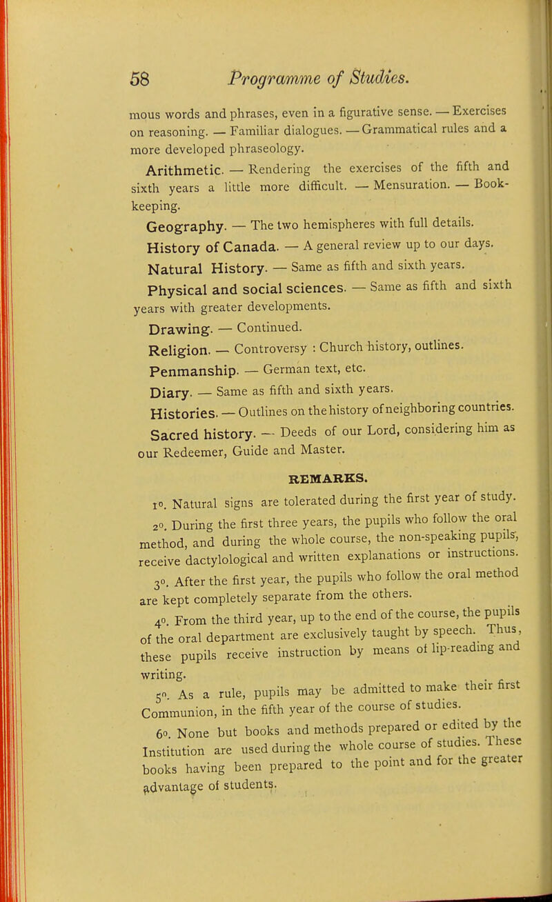 mous words and phrases, even in a figurative sense. — Exercises on reasoning. — Familiar dialogues. — Grammatical rules and a more developed phraseology. Arithmetic. — Rendering the exercises of the fifth and sixth years a little more difficult. — Mensuration. — Book- keeping. Geography. — The two hemispheres with full details. History of Canada. — A general review up to our days. Natural History. — Same as fifth and sixth years. Physical and social sciences. — Same as fifth and sixth years with greater developments. Drawing. — Continued. Religion. — Controversy : Church history, outlines. Penmanship. — German text, etc. Diary. — Same as fifth and sixth years. Histories. — Outlines on the history of neighboring countries. Sacred history. — Deeds of our Lord, considering him as our Redeemer, Guide and Master. REMARKS. 10. Natural signs are tolerated during the first year of study. 20 During the first three years, the pupils who follow the oral method, and during the whole course, the non-speaking pupils, receive dactylological and written explanations or mstructious. 30. After the first year, the pupils who follow the oral method are kept completely separate from the others. 40 From the third year, up to the end of the course, the pupils of the oral department are exclusively taught by speech. Thus these pupils receive instruction by means of lip-readmg and writing. 50 As a rule, pupils may be admitted to make their first Communion, in the fifth year of the course of studies. 60 None but books and methods prepared or edited by the Institution are used during the whole course of studies. These books having been prepared to the point and for the greater advantage of students.