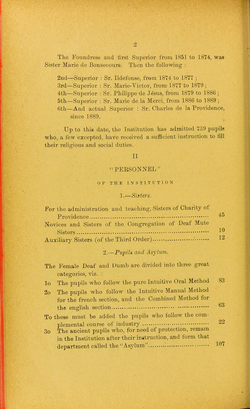 The Foundress and first Superior from 1851 to 18'74, was Sister Marie de Bonsecours. Then the following : 2nd—Superior : Sr. Ildefonse, from 1874 to 1877 ; 3rd—Superior : Sr. Marie-Victor, from 1877 to 1879 ; 4th—Superior : Sr. Philippe de J^sus, from 1879 to 1886 ; 5th—Superior : Sr. Marie de la Merci, from 1886 to 1889 ; 6th—And actual Superior : Sr. Charles de la Providence, since 1889. Up to this date, the Institution has admitted 739 pupils who, a few excepted, have received a sufficient instruction to fill their religious and social duties. II PEESONNEL OF THE INSTITUTION 1.—Sisters. For the administration and teaching. Sisters of Charity of Providence •••• Novices and Sisters of the Congregation of Deaf Mute Sisters •• Auxiliary Sisters (of the Third Order) 2.—Pupils and Asylum. The Female Deaf and Dumb are divided into three great categories, viz. : lo The pupils who follow the pure Intuitive Oral Method 2o The pupils who follow the Intuitive Manual Method for the french section, and the Combined Method for the english section To these must be added the pupils who follow the com- plemental course of industry • 3o The ancient pupils who, for need of protection, remam in the Institution after their instruction, and form that department called the Asylum 45 10 12 83 63 22 107