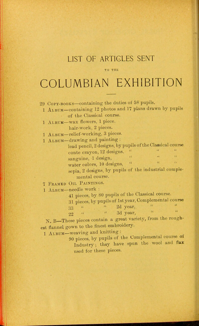 LIST OF ARTICLES SENT TO THE COLUMBIAN EXHIBITION 29 Copy-books—contaiBing the duties of 58 pupils, 1 Album—containing 12 photos and 11 plans drawn by pupils of the Classical course. 1 Album—wax flowers, 1 piece. hair-work, 2 pieces. 1 Album—relief-working, 3 pieces. 1 Album—drawing and painting : lead pencil, 2 designs, by pupils of the Classical coui-se conte crayon, 12 designs.    sanguine, 1 design,  water colors, 10 designs,   sepia, 2 designs, by pupils of the industrial comple- mental course. 1 Frambd Oil Paintings. 1 Album—needle work : 41 pieces, by 80 pupils of the Classical course. 31 pieces! by pupils of 1st year, Complemental course 33   2d year,   22  3d year, I^. B—These pieces contain a great variety, from the rough- est flannel gown to the finest embroidery. 1 Album—weaving and knitting : 90 pieces, by pupils of the Complemental coui-se ot Industry; they have spun the wool and flax used for these pieces.