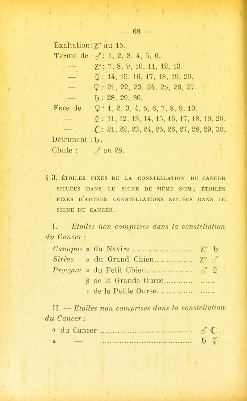 Exaltation: %' au 15. Terme de : 2, 3, 4, 5, 6. — 7, 8, 9, 10, 11, 12, 13. — 14, 15, 16, 17, 18, 19, 20. — 9 : 21, 22, 23, 24, 25, 26, 27. — ï) : 28, 29, 30, Face de 9:1, 2, 3, 4, 5, 6, 7, 8, 9, 10. — ? : 11, 12, 13, 14, 15, 16, 17, 18, 19, 20.. — C : 21, 22, 23, 24, 25, 26, 27, 28, 29, 30- Détriment : ï). Chute : au 28. § 3. ÉTOILES FIXES DE LA CONSTELLATION DU CANCER SITUÉES DANS LE SIGNE DE MÊME NOM ; ÉTOILES FIXES d'autres CONSTELLATIONS SITUÉES DANS LE. SIGNE DU CANCER. I. — Etoiles non comprises dans la constellation du Cancer : Canopus a du Navire ï) Sirius a du Grand Chien Z,'^ Procyon a du Petit Chien j* ^ fi de la Grande Ourse £ de la Petite Ourse II. — Etoiles non comprises dans la constellation du Cancer : 6 du Cancer C - ï) ?