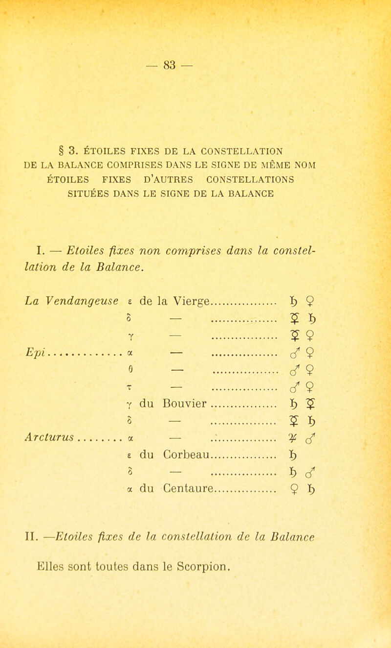 DE LA BALANCE COMPRISES DANS LE SIGNE DE MÊME NOM ÉTOILES FIXES D'AUTRES CONSTELLATIONS SITUÉES DANS LE SIGNE DE LA BALANCE I. — Etoiles fixes non comprises dans la constel- lation de la Balance. La Vendangeuse s. de la Vierge ï) 9 8 - ? ï) ï - ? 9 Epi « — 9 9 - c/9 - c/9 Y du Bouvier ï) 5 8 - ? ^ Arcturus a — ^ (/ e du Corbeau ï) S - ï) a du Centaure 9 ï) II, —Etoiles fixes de la constellation de la Balance Elles sont toutes dans le Scorpion.