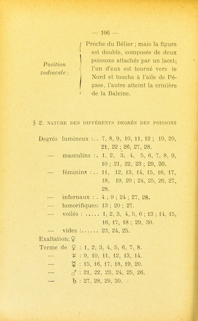 — 10(5 — Position zodiacale. Proche du Bélier ; mais la figure est double, composée de deux poissons attachés par un lacet; l'un d'eux est tourné vers le Nord et touche à l'aile de Pé- gase, l'autre atteint la crinière de la Baleine. § 2. NATURE DES DIFFÉRENTS DEGRÉS DES POISSONS Degrés lumineux :.. 7, 8, 9, 10, li, 12 ; 19, 20, 21, 22 ; 26, 27, 28. — masculins :. 1, 2, 3, 4, 5, 6, 7, 8, 9, 10 ; 21, 22, 23 ; 29, 30. — féminins : .. 11, 12, 13, 14, 15, 16, 17, 18, 19, 20 ; 24, 25, 26, 27, 28. — infernaux : . 4 ; 9 ; 24 ; 27, 28. — honorifiques: 13 ; 20 ; 27. — voilés : 1, 2, 3, 4, 5, 6 ; 13 ; 14, 15, 16, 17, 18 ; 29, 30. — vides : 23, 24, 25. Exaltation: 9 Terme de $ : 1, 2, 3, 4, 5, 6, 7, 8. — ^ : 9, 10, 11, 12, 13, 14. — ? : 15, 16, 17, 18, 19, 20. — c/ : 21, 22, 23, 24, 25, 26.